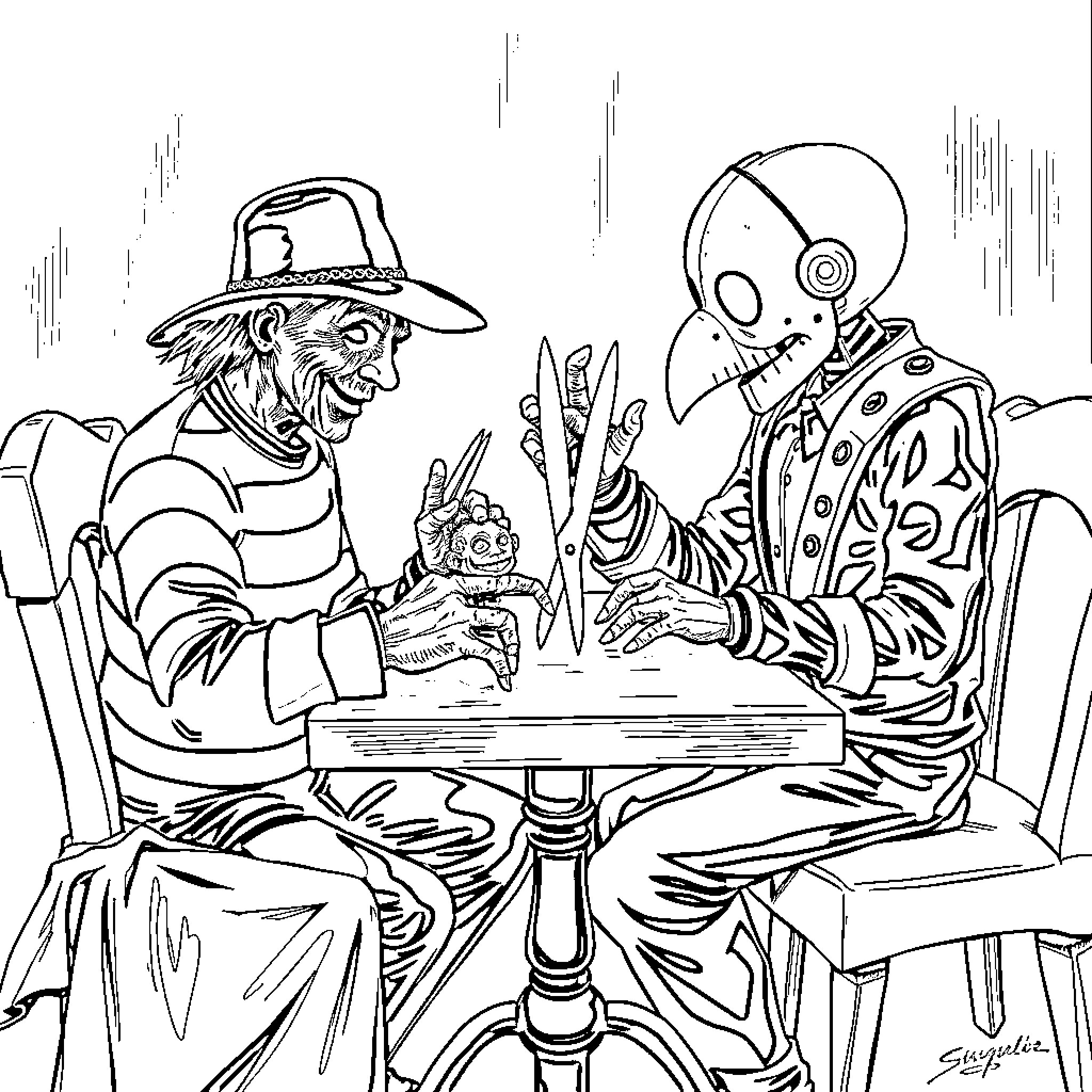 Freddy Krueger and Alien Playing a Game Coloring Page (free black-and-white line drawing printable PDF for all, from beginners to advanced learners, including children, teens, adults, and seniors)