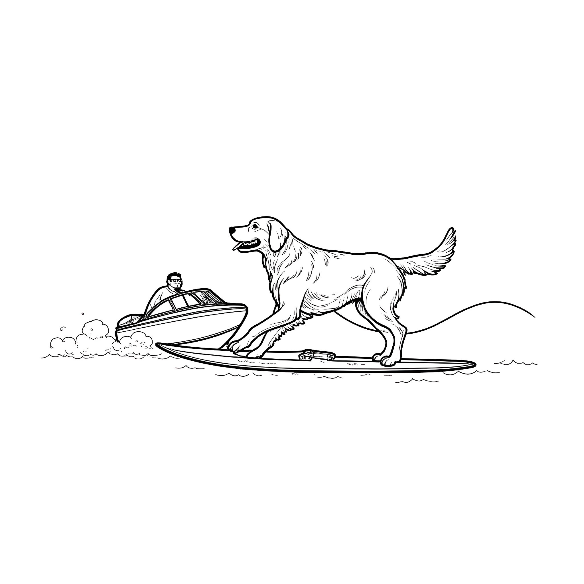 Golden Retriever surfing on the waves with human Coloring Page (free black-and-white line drawing printable PDF for all, from beginners to advanced learners, including children, teens, adults, and seniors)