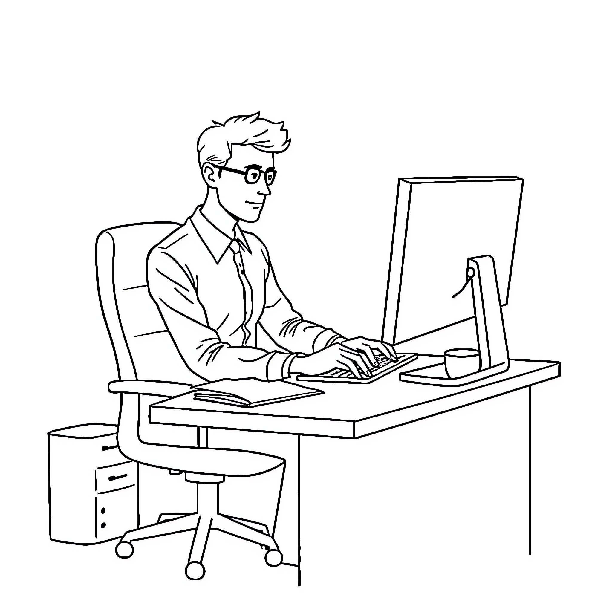 Office Worker Typing Diligently at Computer Desk Coloring Page (free black-and-white line drawing printable PDF for all, from beginners to advanced learners, including children, teens, adults, and seniors)
