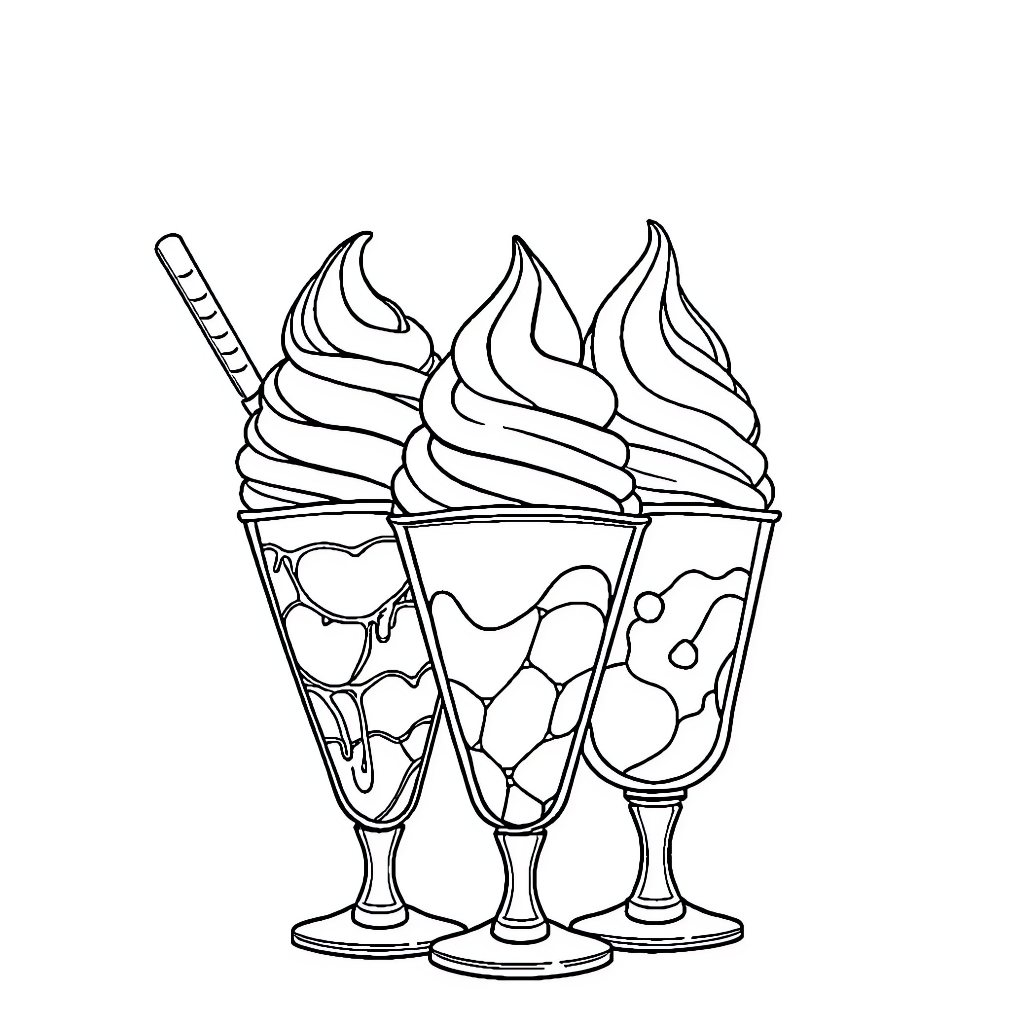 Ice Cream Sundaes with Unique Toppings Coloring Page (free black-and-white line drawing printable PDF for all, from beginners to advanced learners, including children, teens, adults, and seniors)