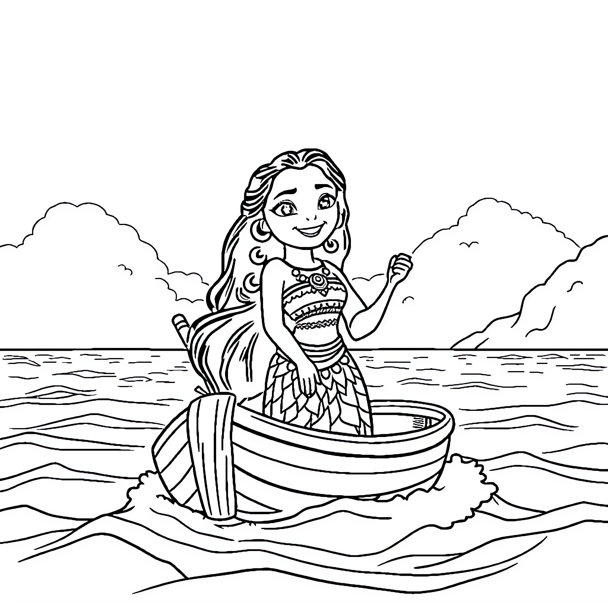 Moana sailing her boat in the ocean Coloring Page (free black-and-white line drawing printable PDF for all, from beginners to advanced learners, including children, teens, adults, and seniors)