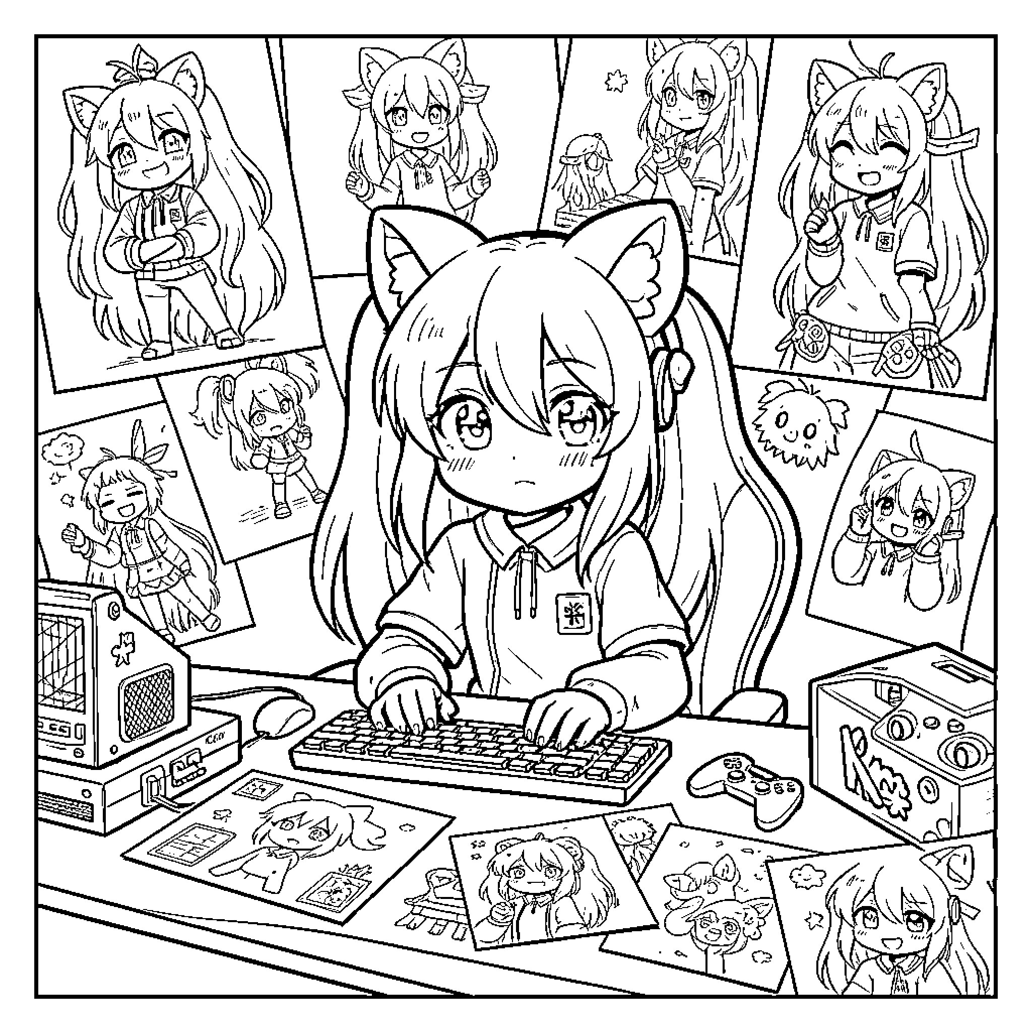 Lilypichu's Anime-Inspired Drawing and Gaming Setup Coloring Page (free black-and-white line drawing printable PDF for all, from beginners to advanced learners, including children, teens, adults, and seniors)