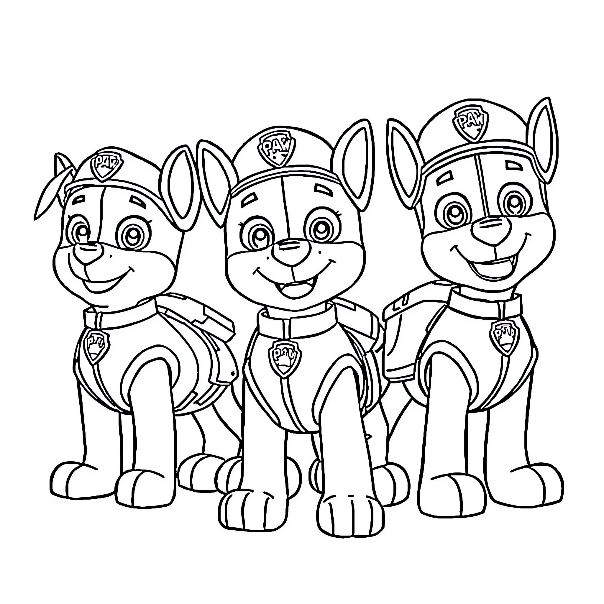 Paw Patrol pups in action poses Coloring Page (free black-and-white line drawing printable PDF for all, from beginners to advanced learners, including children, teens, adults, and seniors)