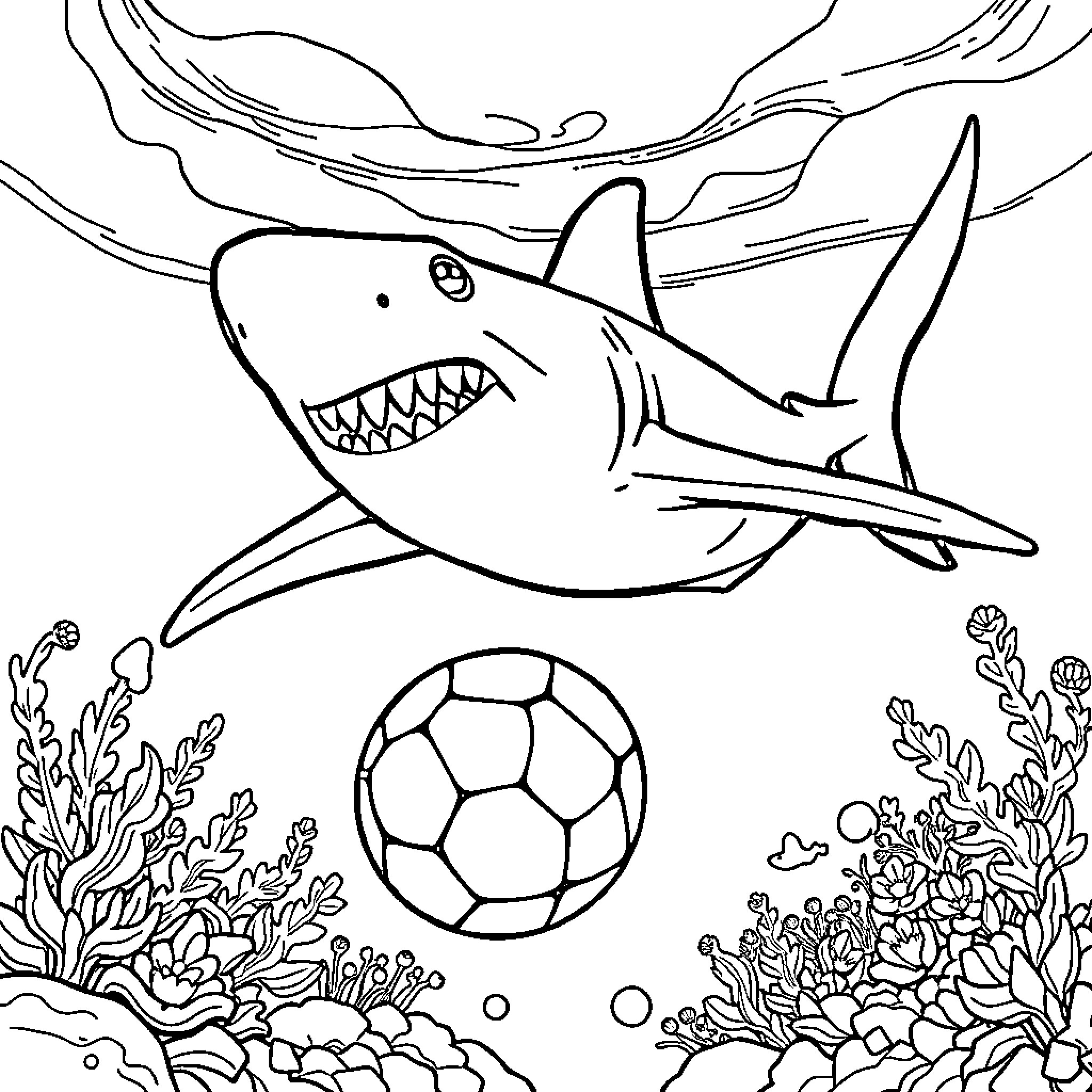 Shark swimming playfully with soccer ball Coloring Page (free black-and-white line drawing printable PDF for all, from beginners to advanced learners, including children, teens, adults, and seniors)