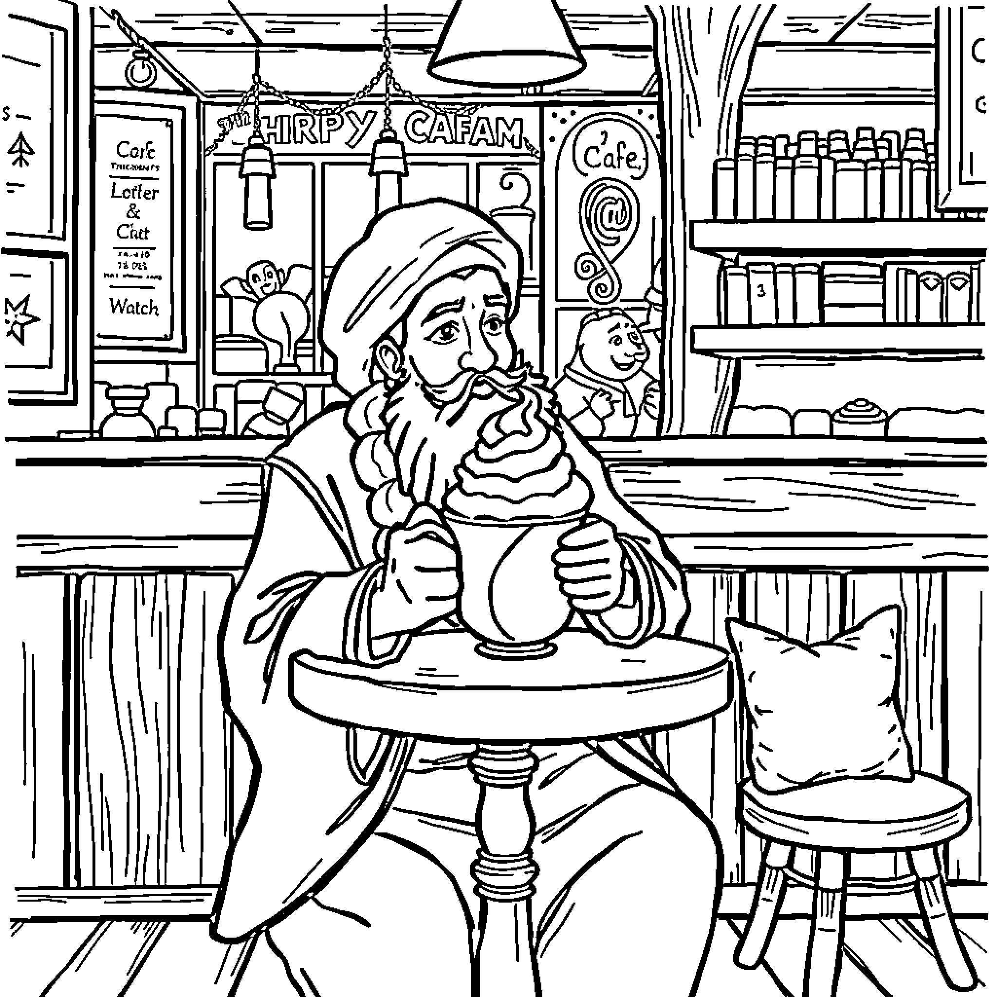 Rumi enjoying a warm cup of tea at the cafe Coloring Page (free black-and-white line drawing printable PDF for all, from beginners to advanced learners, including children, teens, adults, and seniors)