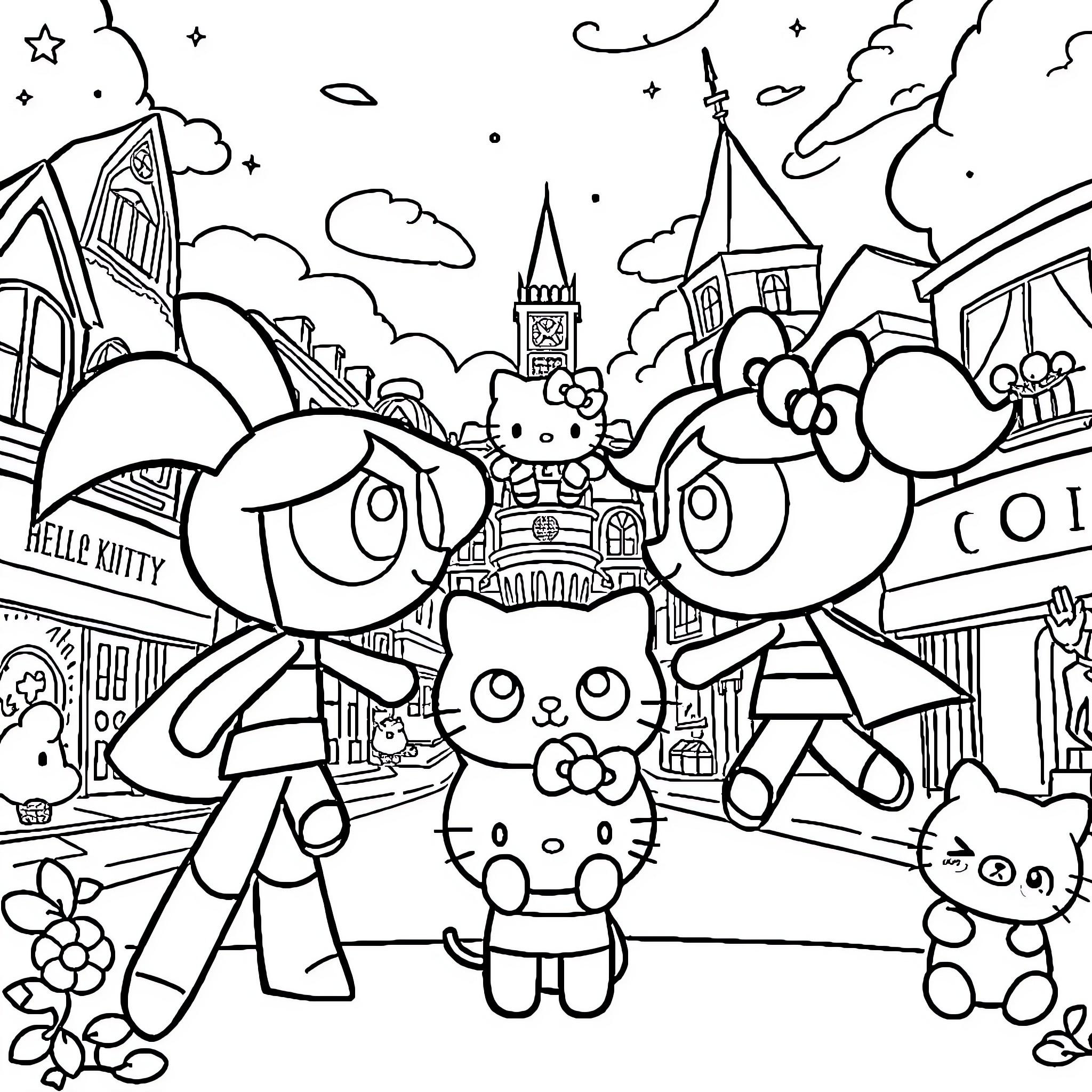 Powerpuff Girls exploring a whimsical town with Hello Kitty Coloring Page (free black-and-white line drawing printable PDF for all, from beginners to advanced learners, including children, teens, adults, and seniors)