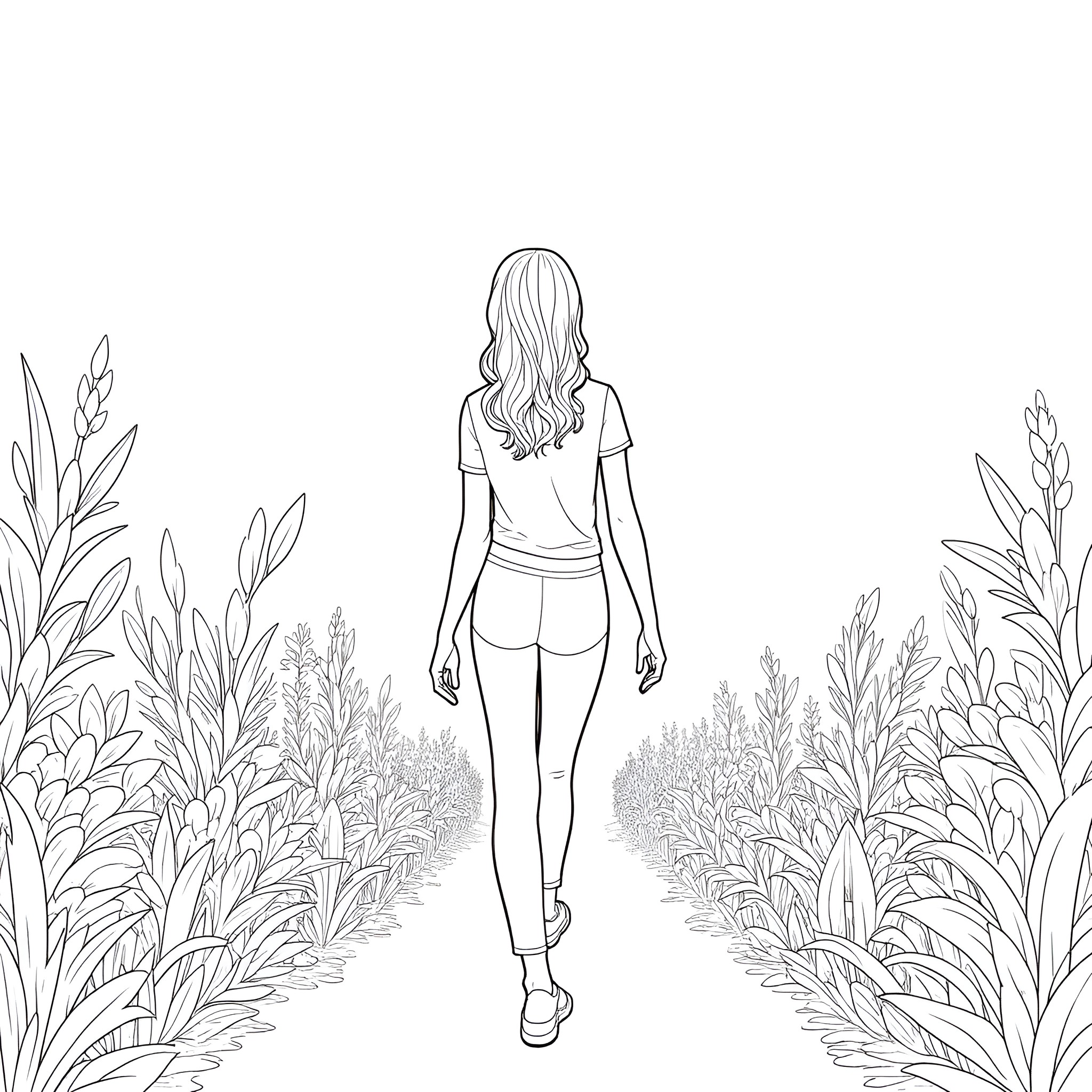 Woman walking in a nature scene Coloring Page (free black-and-white line drawing printable PDF for all, from beginners to advanced learners, including children, teens, adults, and seniors)