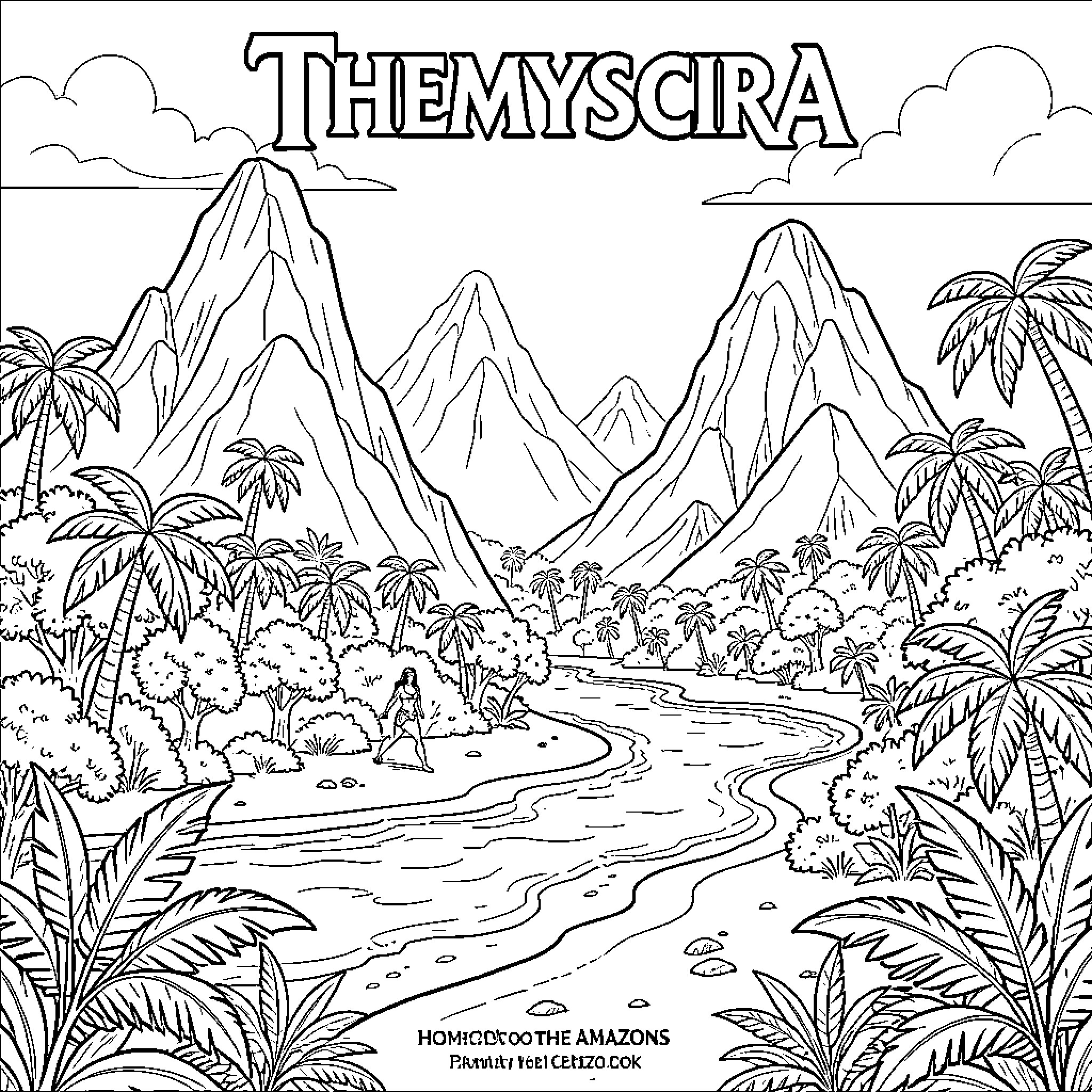 Themyscira - Scenic Landscapes and Tropical Wilderness Coloring Page (free black-and-white line drawing printable PDF for all, from beginners to advanced learners, including children, teens, adults, and seniors)
