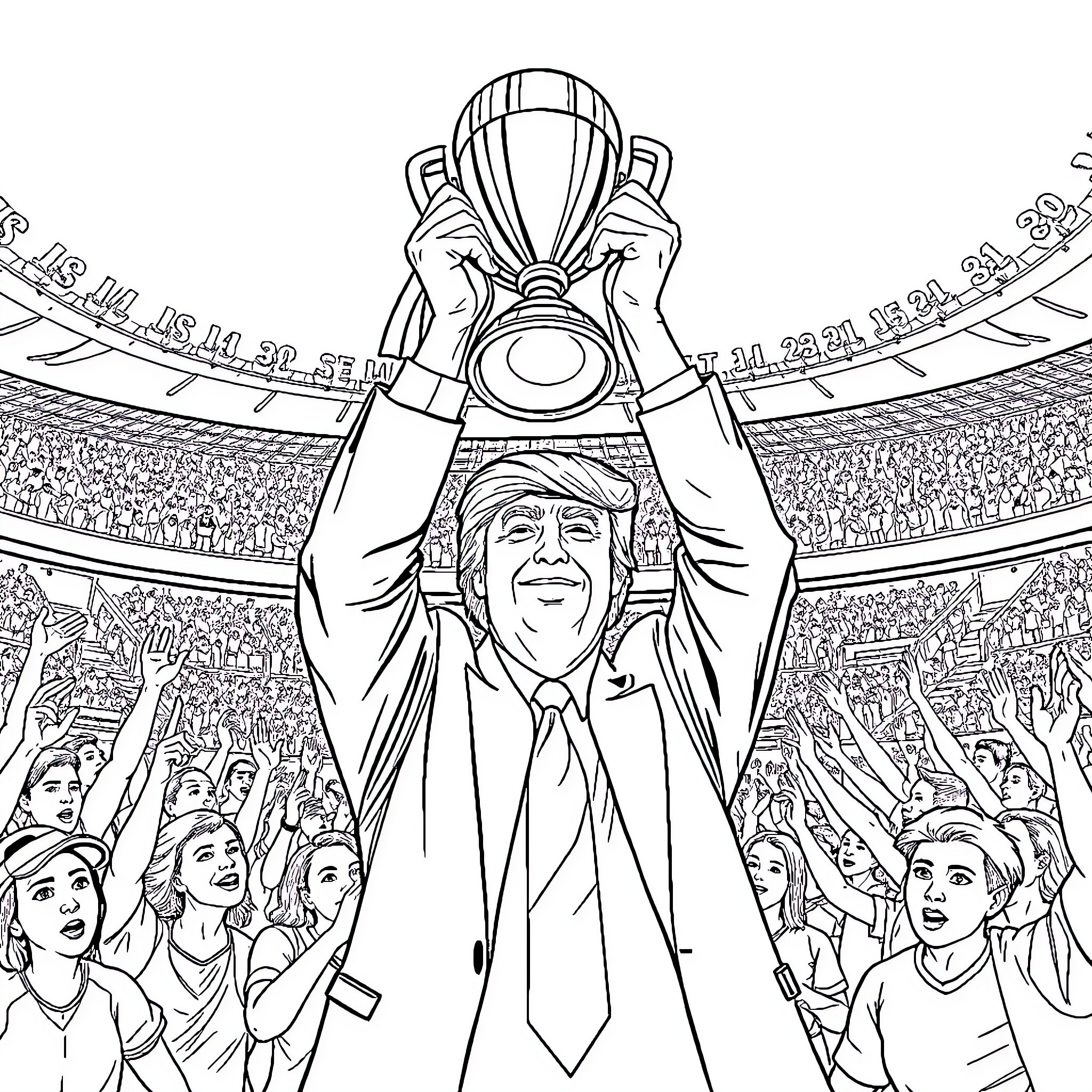 Donald Trump Celebrates Victory in Stadium Coloring Page (free black-and-white line drawing printable PDF for all, from beginners to advanced learners, including children, teens, adults, and seniors)