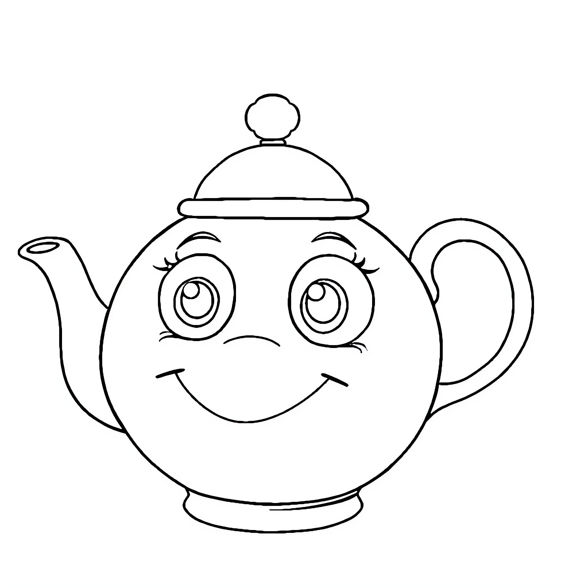 Teapot with a cheerful expression Coloring Page (free black-and-white line drawing printable PDF for all, from beginners to advanced learners, including children, teens, adults, and seniors)