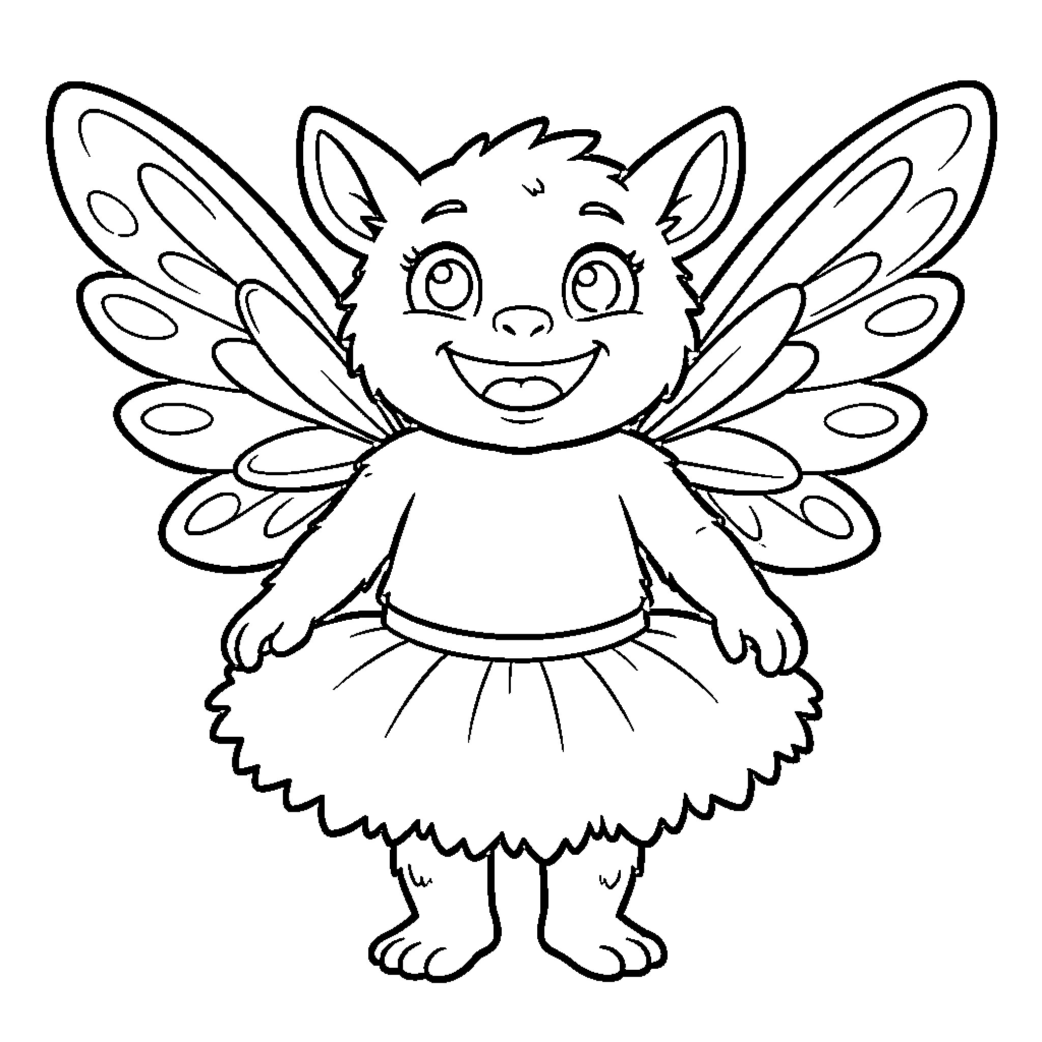 Monster fairy with big wings and happy expression Coloring Page (free black-and-white line drawing printable PDF for all, from beginners to advanced learners, including children, teens, adults, and seniors)
