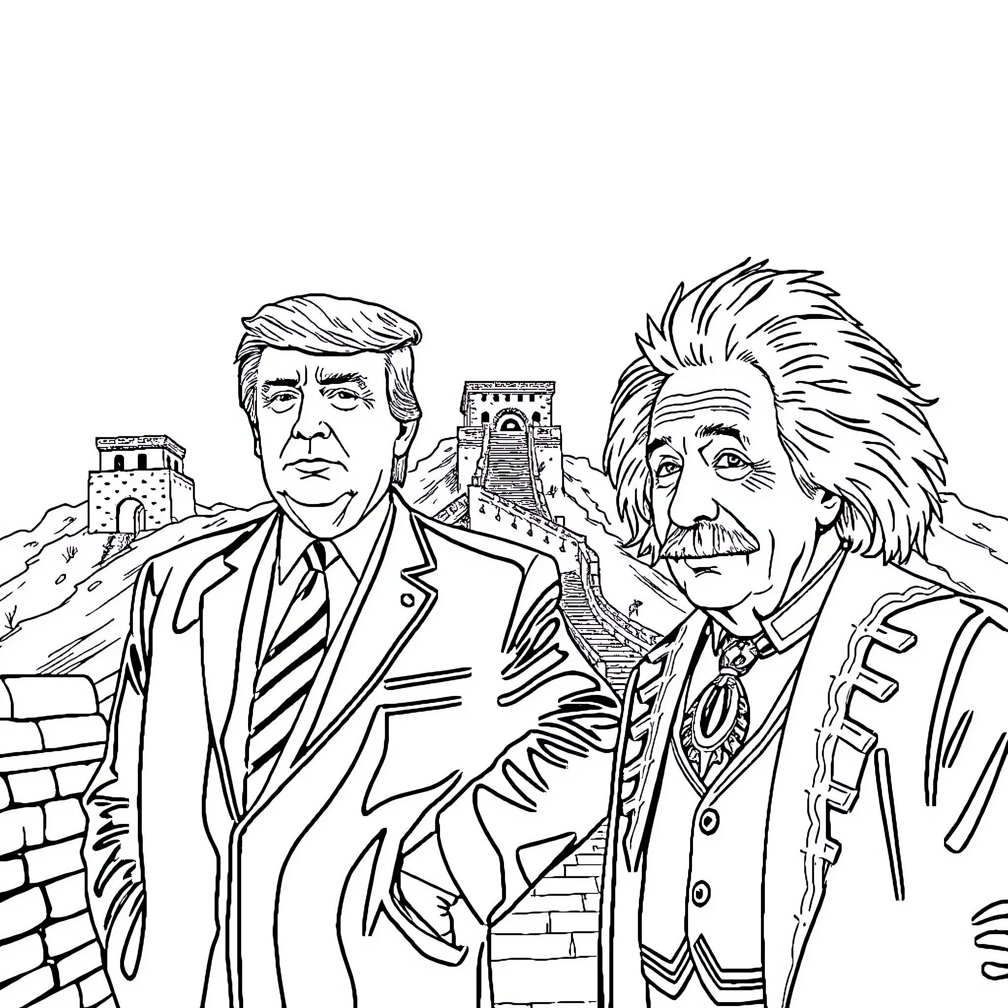 Donald Trump and Albert Einstein in surreal encounter Coloring Page (free black-and-white line drawing printable PDF for all, from beginners to advanced learners, including children, teens, adults, and seniors)