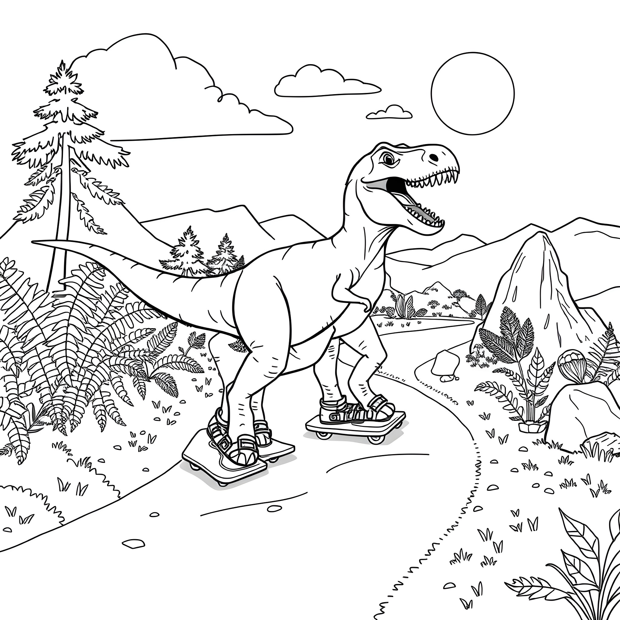 T-Rex Skateboarder Exploring the Prehistoric Landscape Coloring Page (free black-and-white line drawing printable PDF for all, from beginners to advanced learners, including children, teens, adults, and seniors)