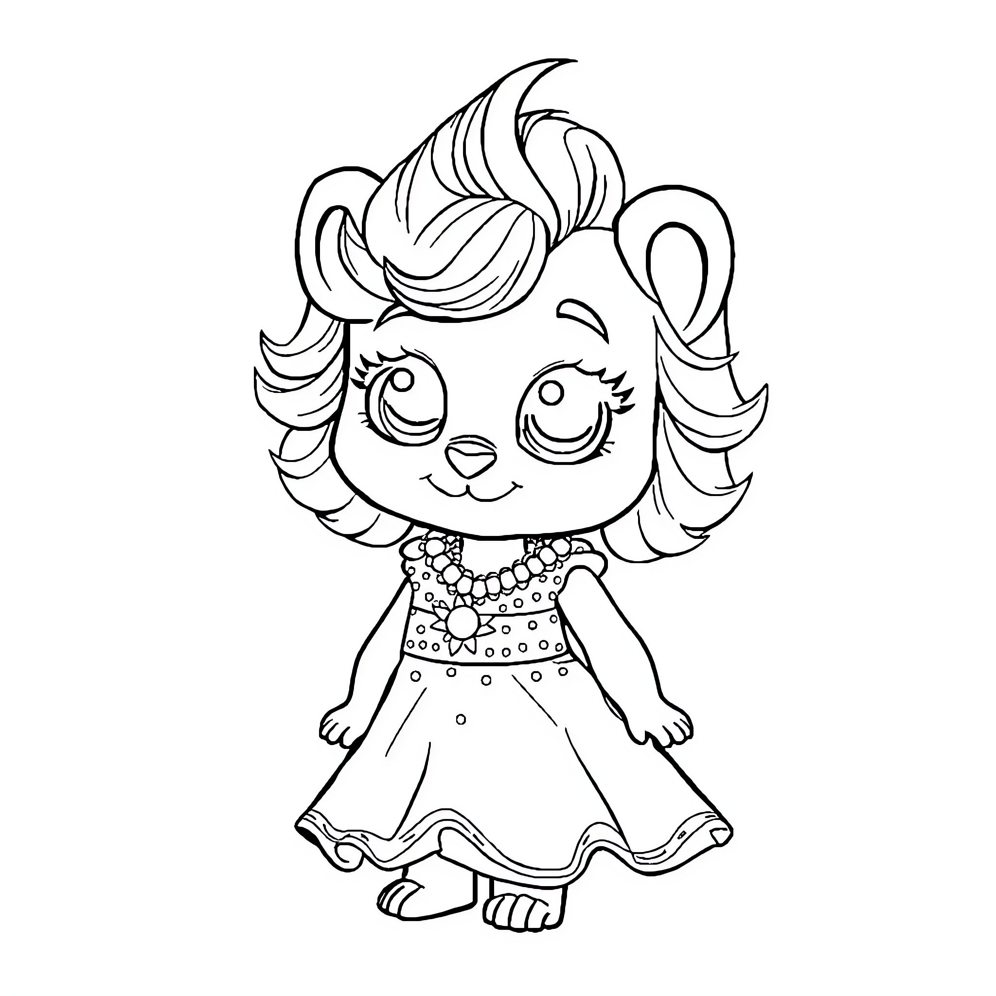 Bear wearing a fancy dress and smiling joyfully Coloring Page (free black-and-white line drawing printable PDF for all, from beginners to advanced learners, including children, teens, adults, and seniors)