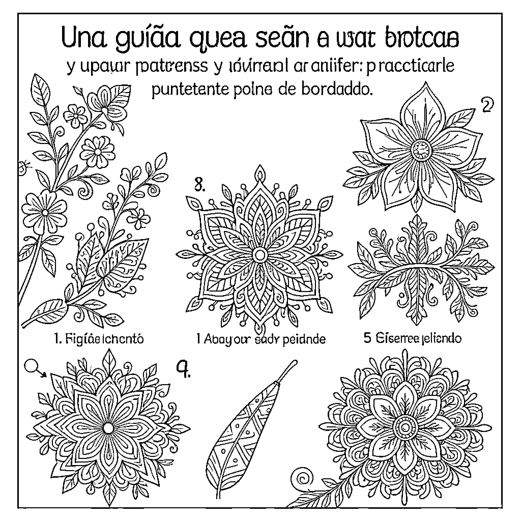 Embroidery patterns featuring various intricate floral motifs Coloring Page (free black-and-white line drawing printable PDF for all, from beginners to advanced learners, including children, teens, adults, and seniors)