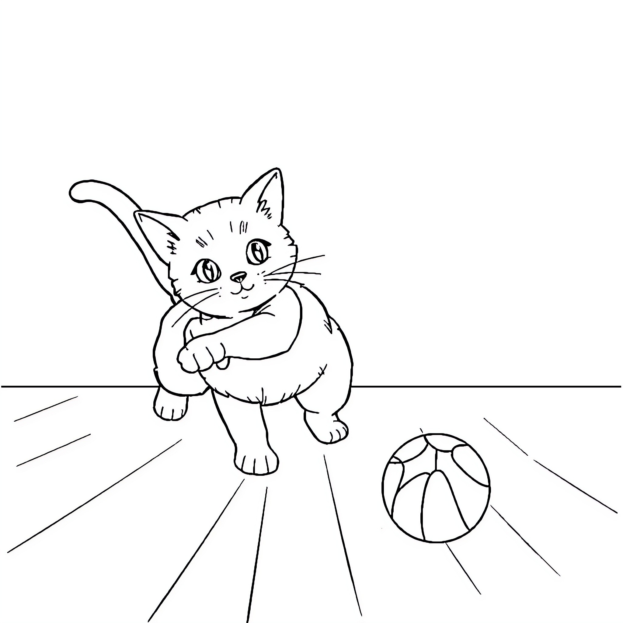 Cat playing with ball on floor Coloring Page (free black-and-white line drawing printable PDF for all, from beginners to advanced learners, including children, teens, adults, and seniors)