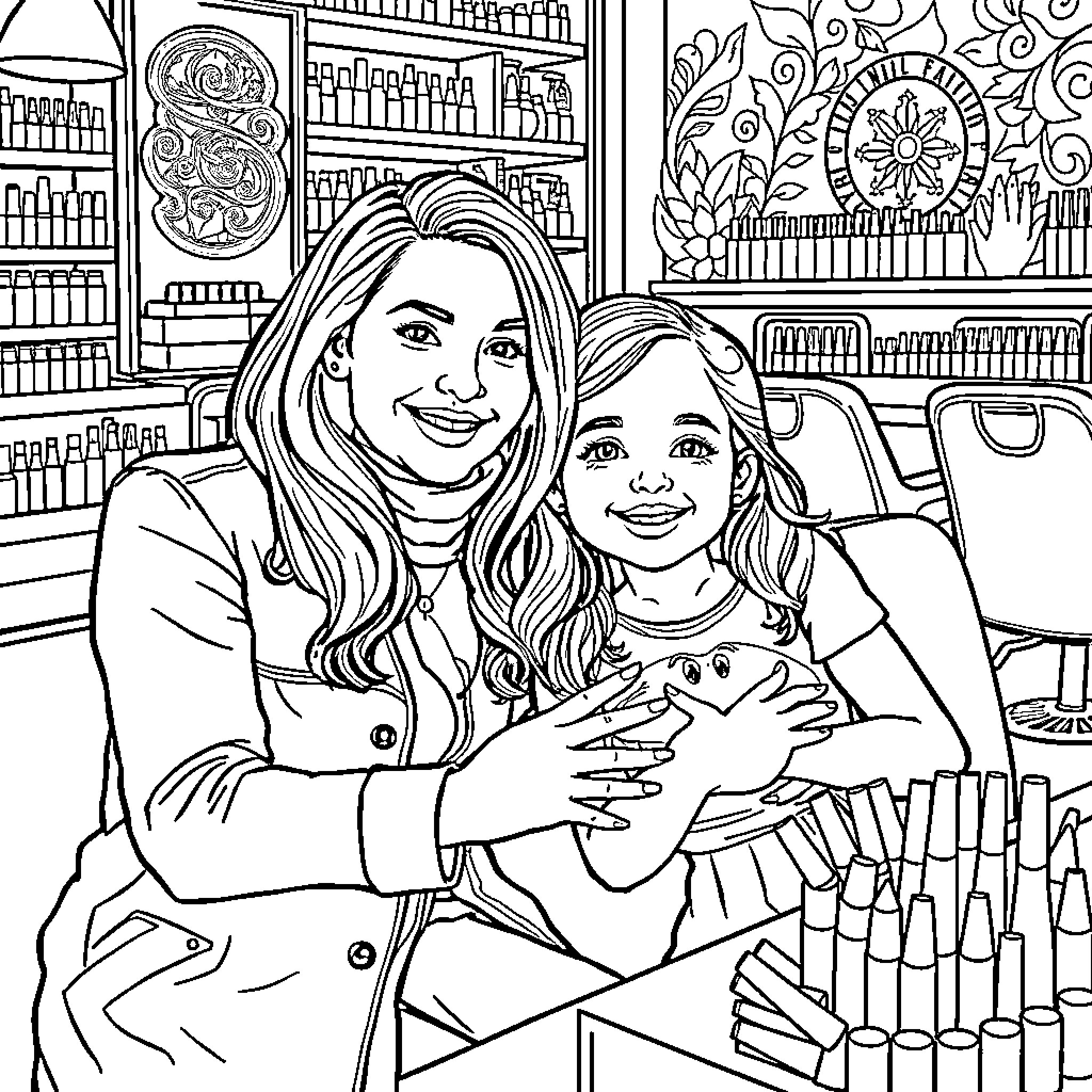 Mom and daughter at the pharmacy Coloring Page (free black-and-white line drawing printable PDF for all, from beginners to advanced learners, including children, teens, adults, and seniors)
