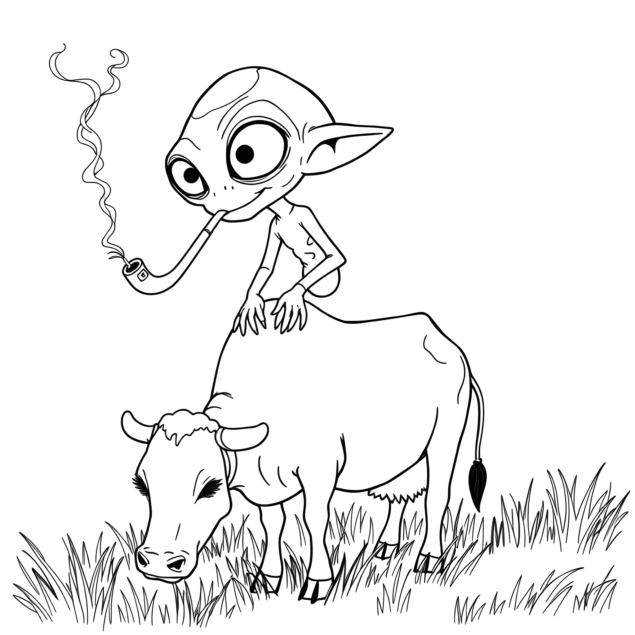 Alien creature observing a cow in the field Coloring Page (free black-and-white line drawing printable PDF for all, from beginners to advanced learners, including children, teens, adults, and seniors)