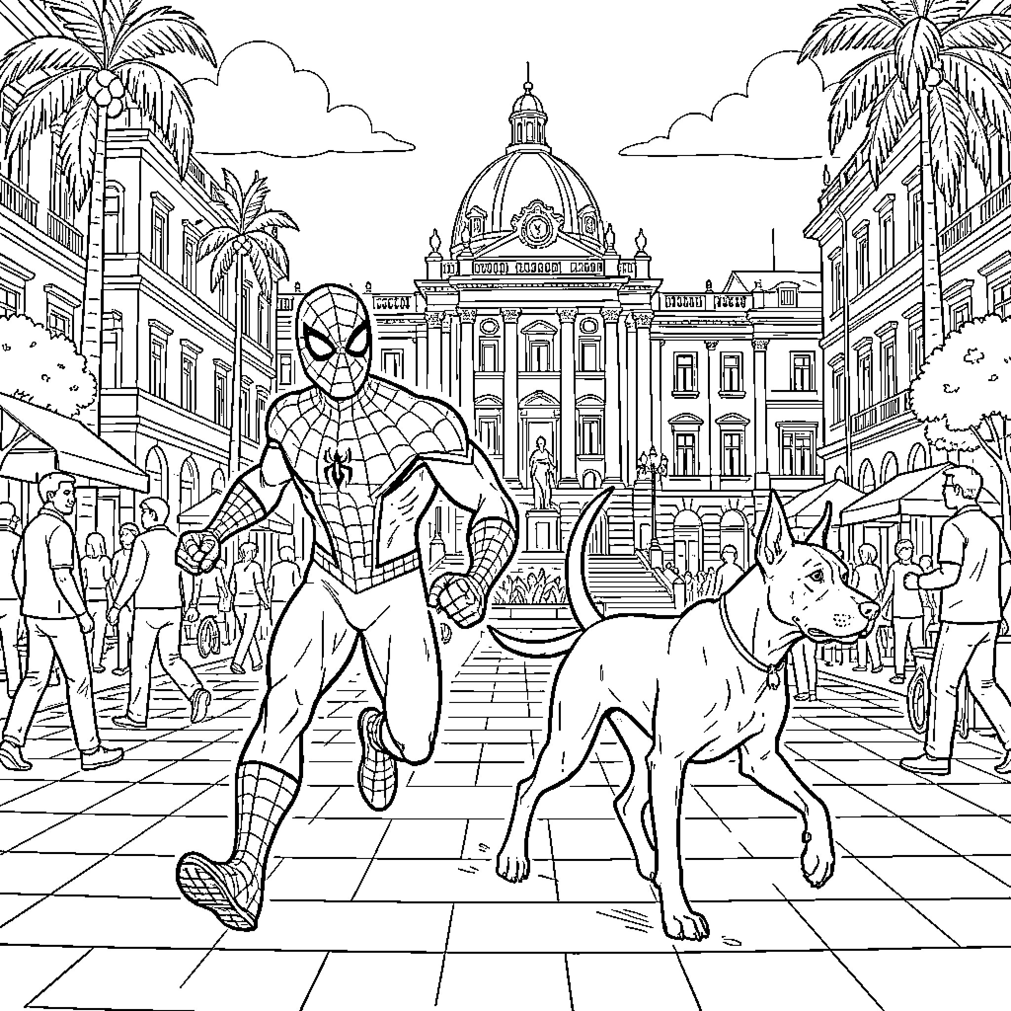 Spider-Man on a City Adventure with a Canine Companion Coloring Page (free black-and-white line drawing printable PDF for all, from beginners to advanced learners, including children, teens, adults, and seniors)