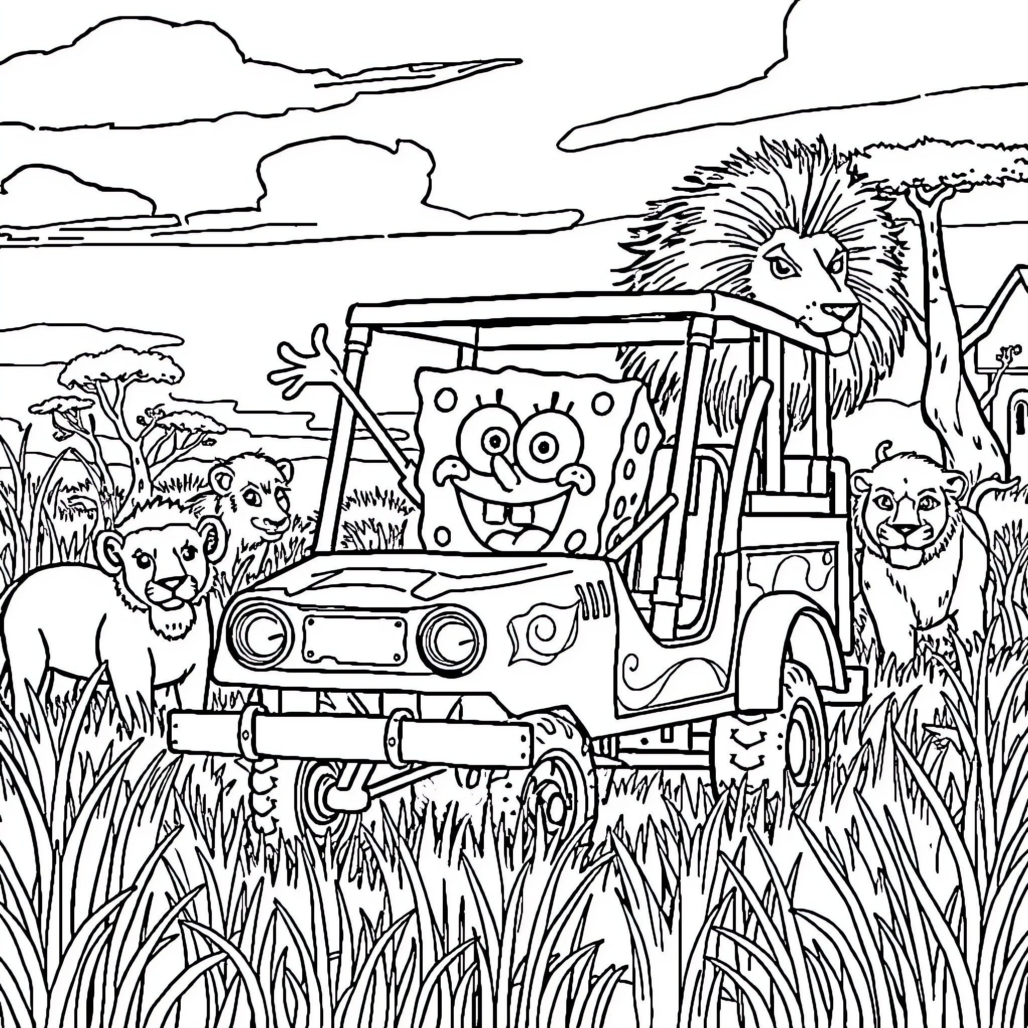 Spongebob and friends on safari adventure Coloring Page (free black-and-white line drawing printable PDF for all, from beginners to advanced learners, including children, teens, adults, and seniors)