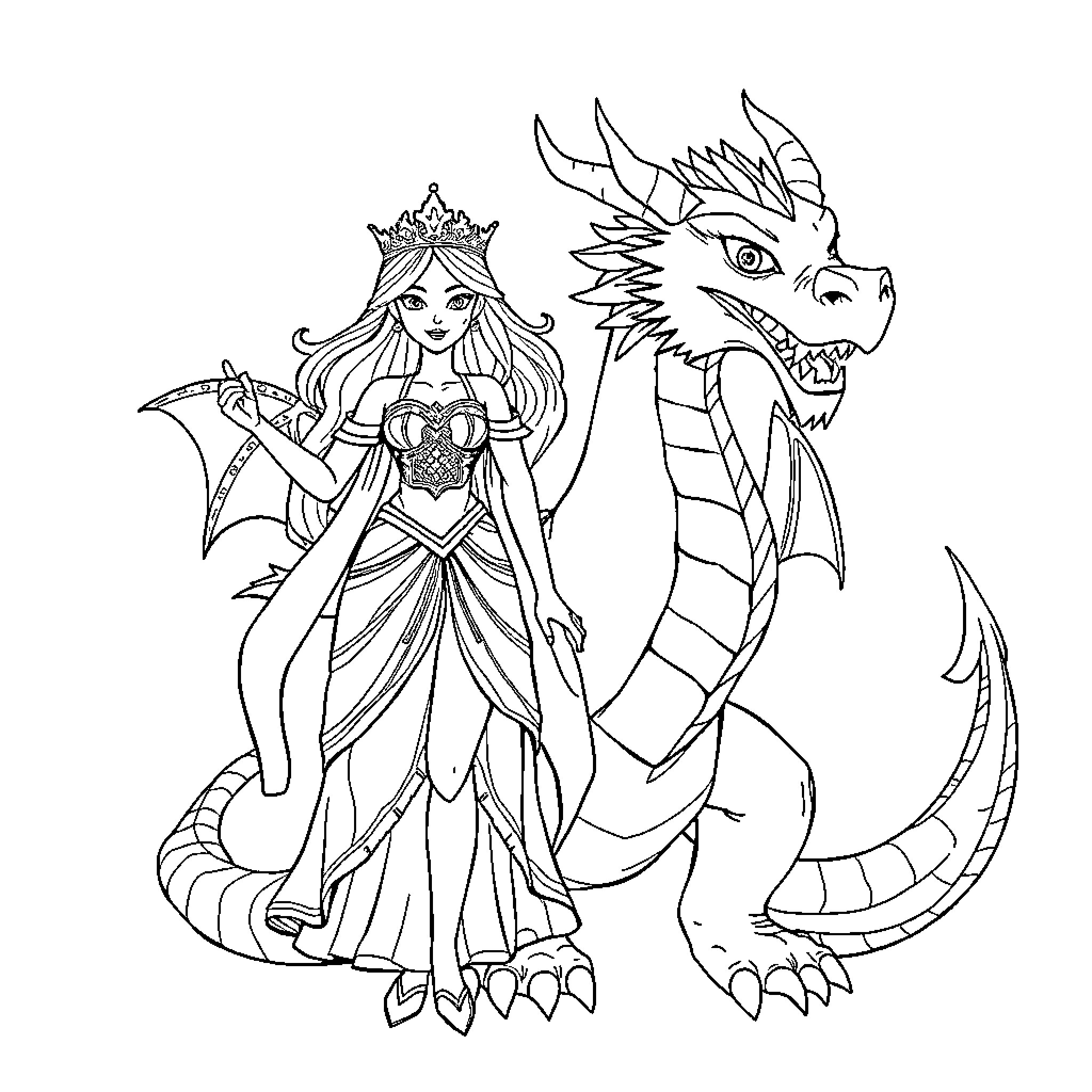 Princess and her Mighty Dragon Companion Coloring Page (free black-and-white line drawing printable PDF for all, from beginners to advanced learners, including children, teens, adults, and seniors)