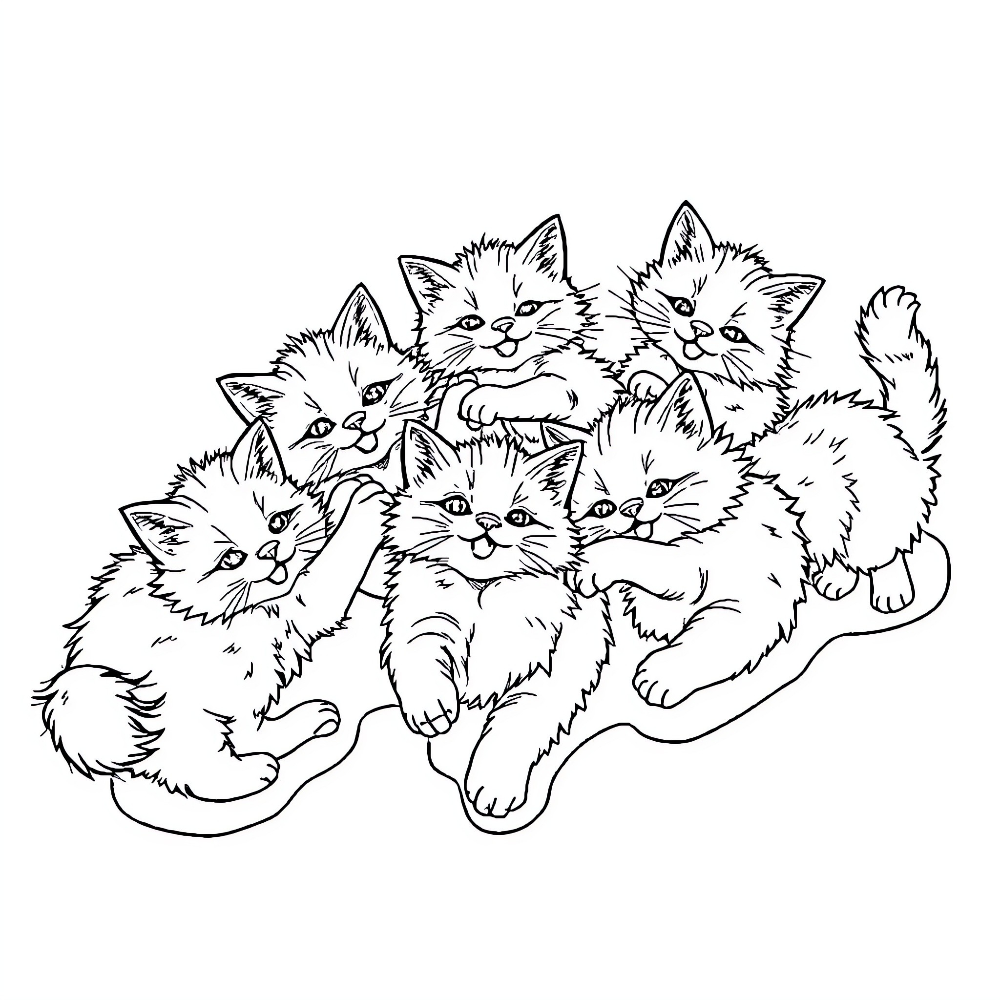 Cat Playful Kittens in Pile Coloring Page (free black-and-white line drawing printable PDF for all, from beginners to advanced learners, including children, teens, adults, and seniors)