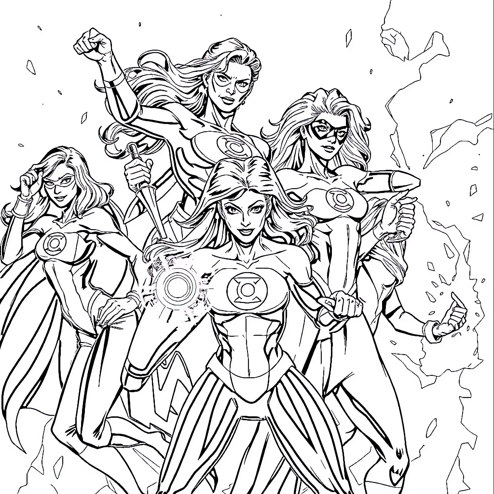 Green Lantern Superheroes in Action Coloring Page (free black-and-white line drawing printable PDF for all, from beginners to advanced learners, including children, teens, adults, and seniors)