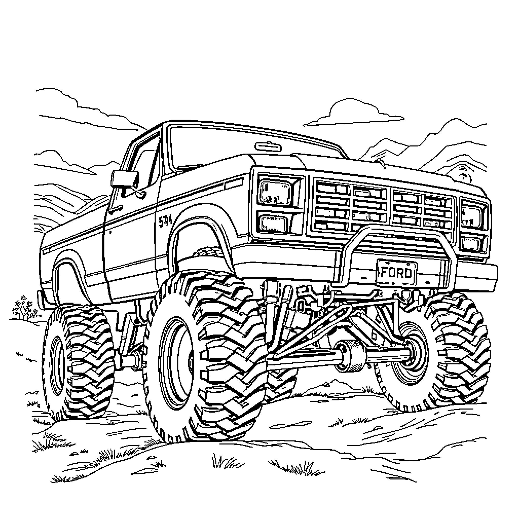 Ford Rugged Monster Truck Traversing Outdoor Terrain Coloring Page (free black-and-white line drawing printable PDF for all, from beginners to advanced learners, including children, teens, adults, and seniors)