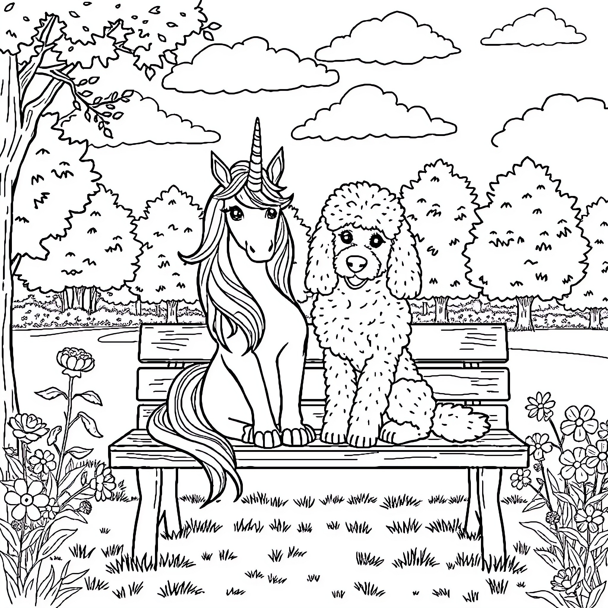 Unicorn and poodle enjoying a park scene Coloring Page (free black-and-white line drawing printable PDF for all, from beginners to advanced learners, including children, teens, adults, and seniors)