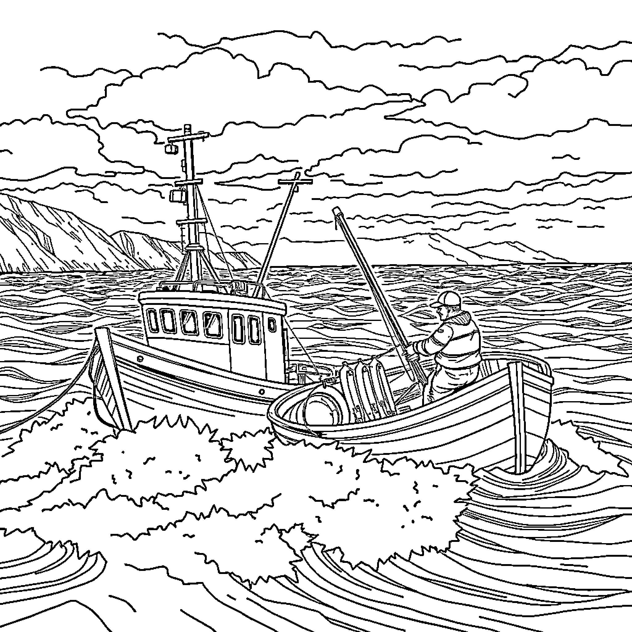 Fisherman guiding boat through rough seas Coloring Page (free black-and-white line drawing printable PDF for all, from beginners to advanced learners, including children, teens, adults, and seniors)