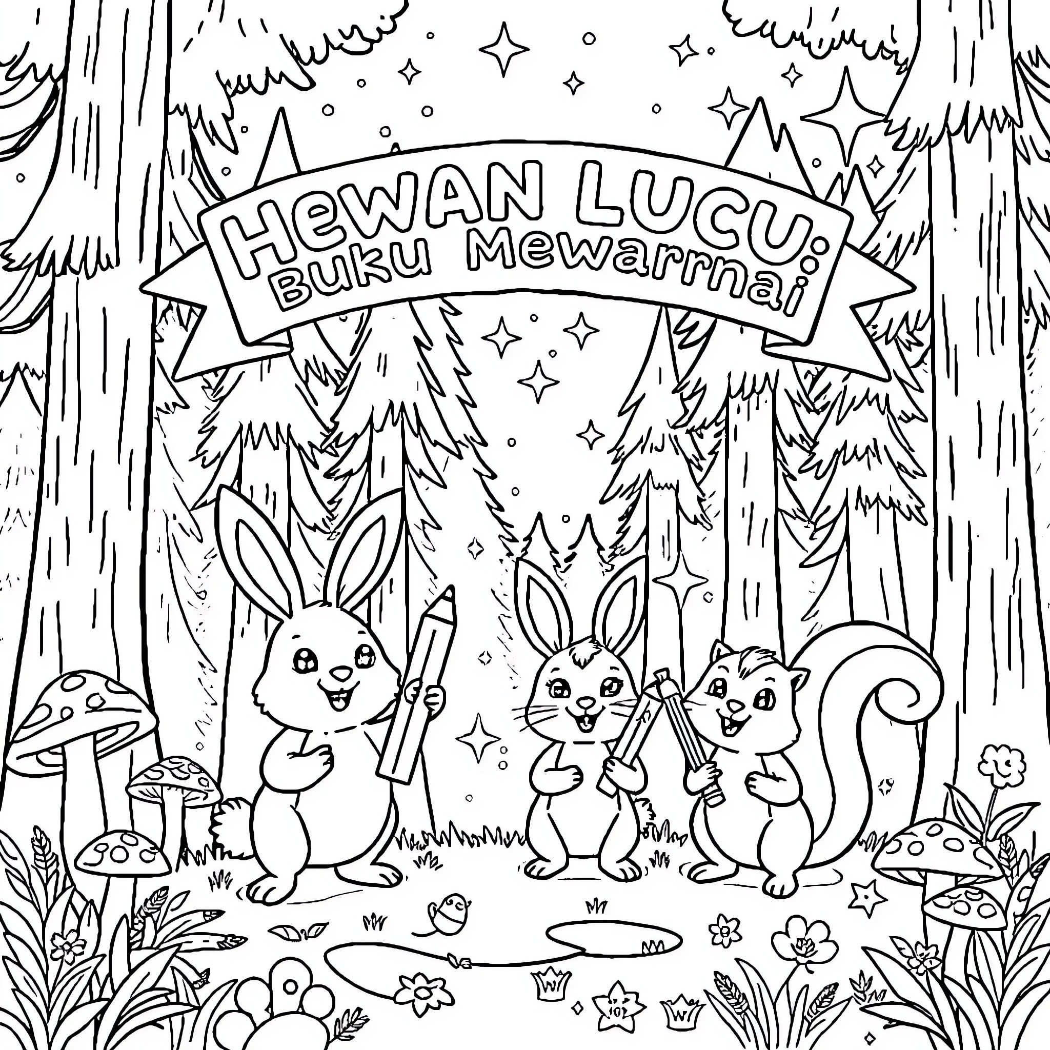Animal friends in a magical forest Coloring Page (free black-and-white line drawing printable PDF for all, from beginners to advanced learners, including children, teens, adults, and seniors)