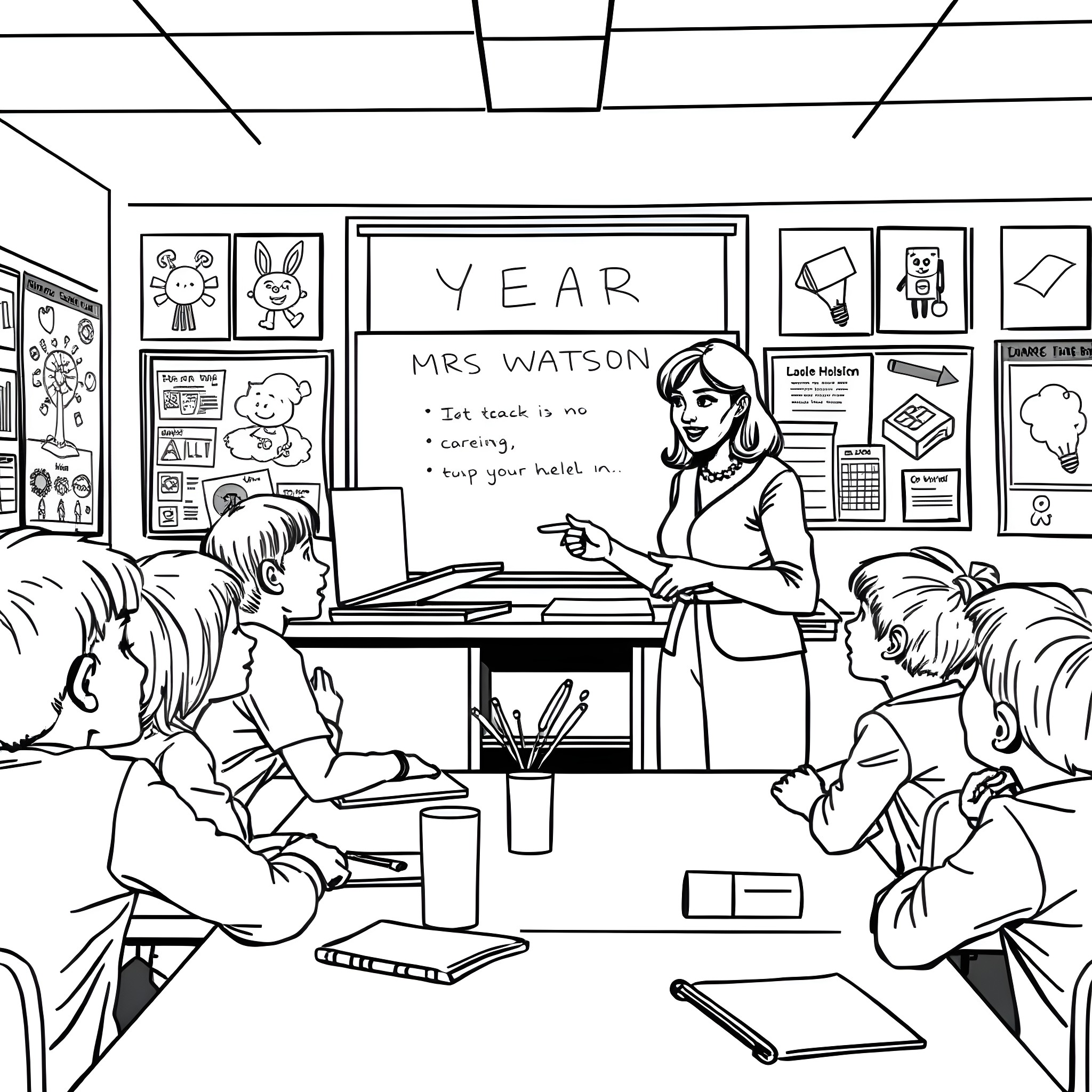 Teacher Instructing Students in Classroom Coloring Page (free black-and-white line drawing printable PDF for all, from beginners to advanced learners, including children, teens, adults, and seniors)