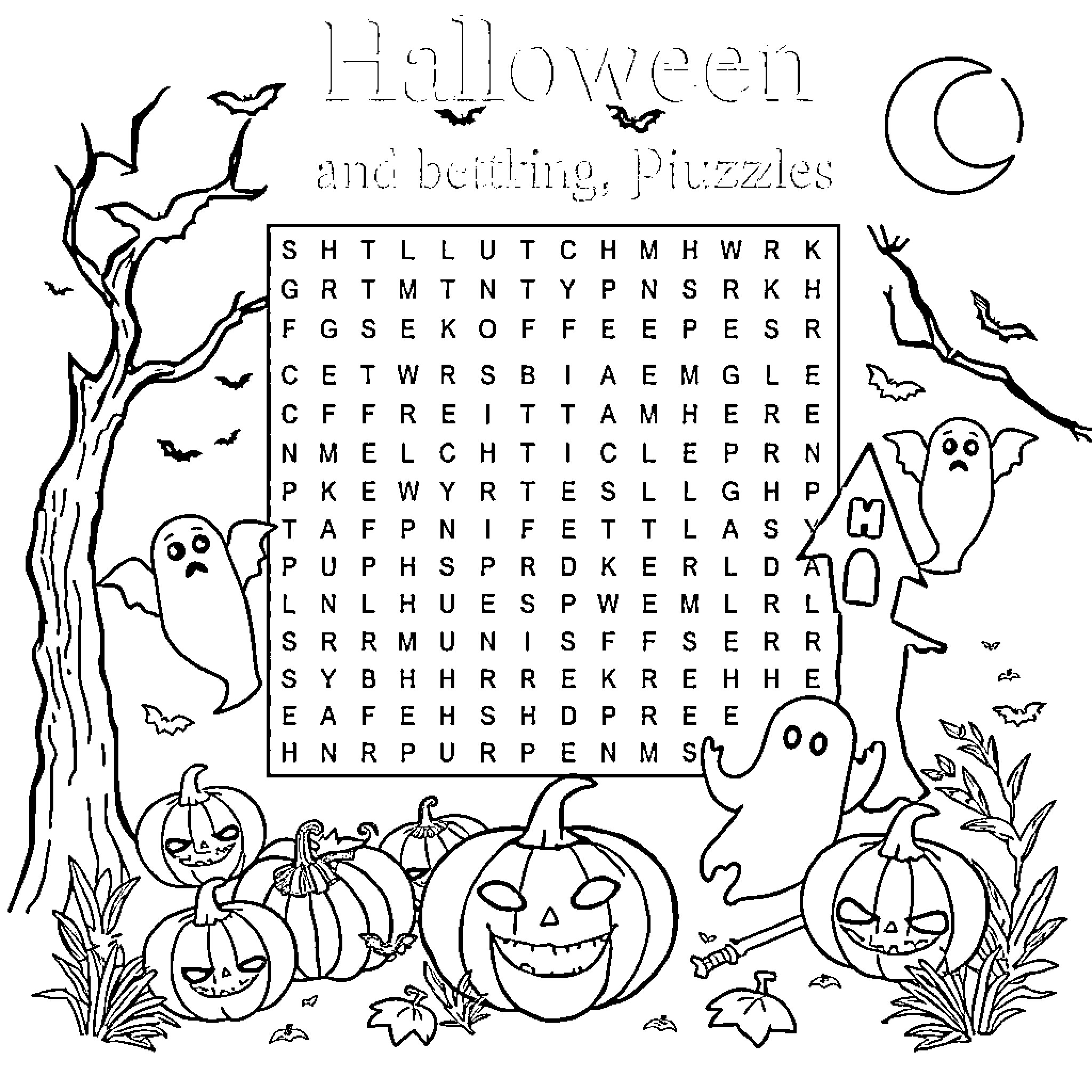 Halloween and bewitching puzzles Coloring Page (free black-and-white line drawing printable PDF for all, from beginners to advanced learners, including children, teens, adults, and seniors)