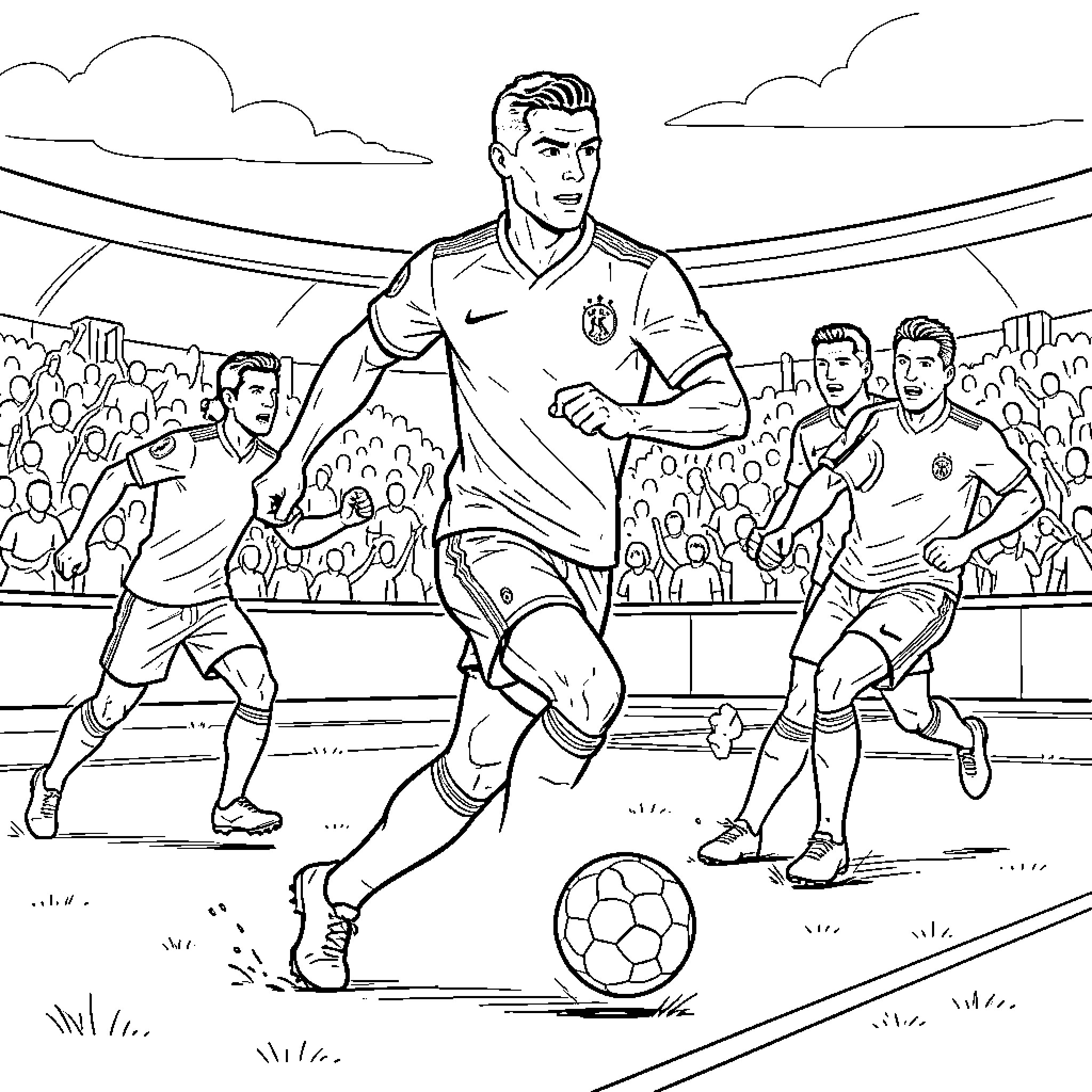 Ronaldo dribbling a soccer ball during a match Coloring Page (free black-and-white line drawing printable PDF for all, from beginners to advanced learners, including children, teens, adults, and seniors)