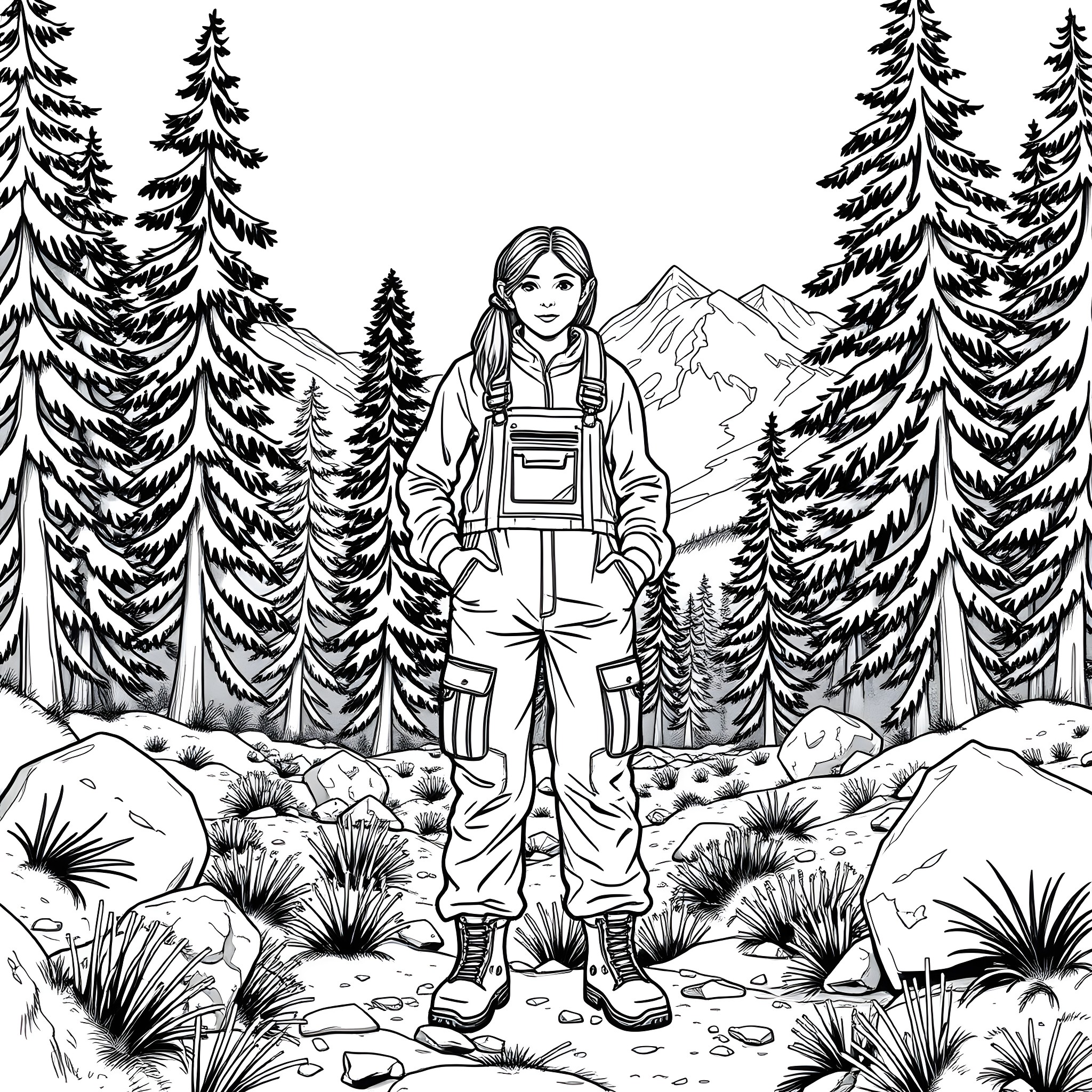 Teen Girl Exploring the Wilderness Coloring Page (free black-and-white line drawing printable PDF for all, from beginners to advanced learners, including children, teens, adults, and seniors)