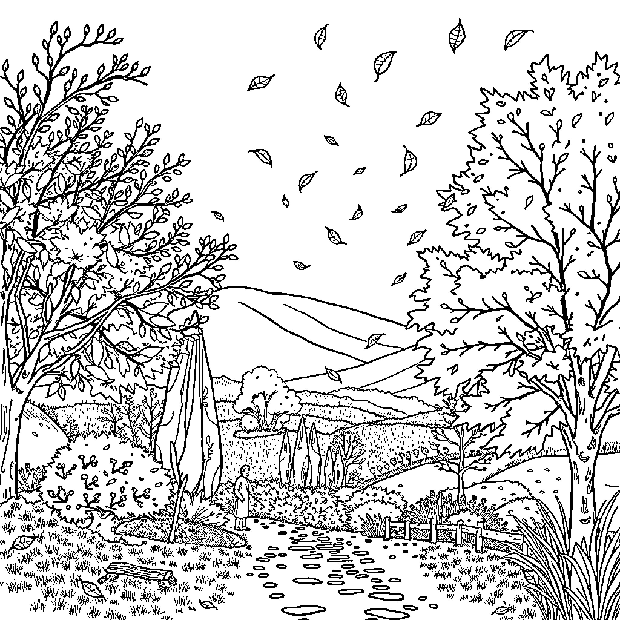 Fall Scenery with Falling Leaves and Landscape Coloring Page (free black-and-white line drawing printable PDF for all, from beginners to advanced learners, including children, teens, adults, and seniors)