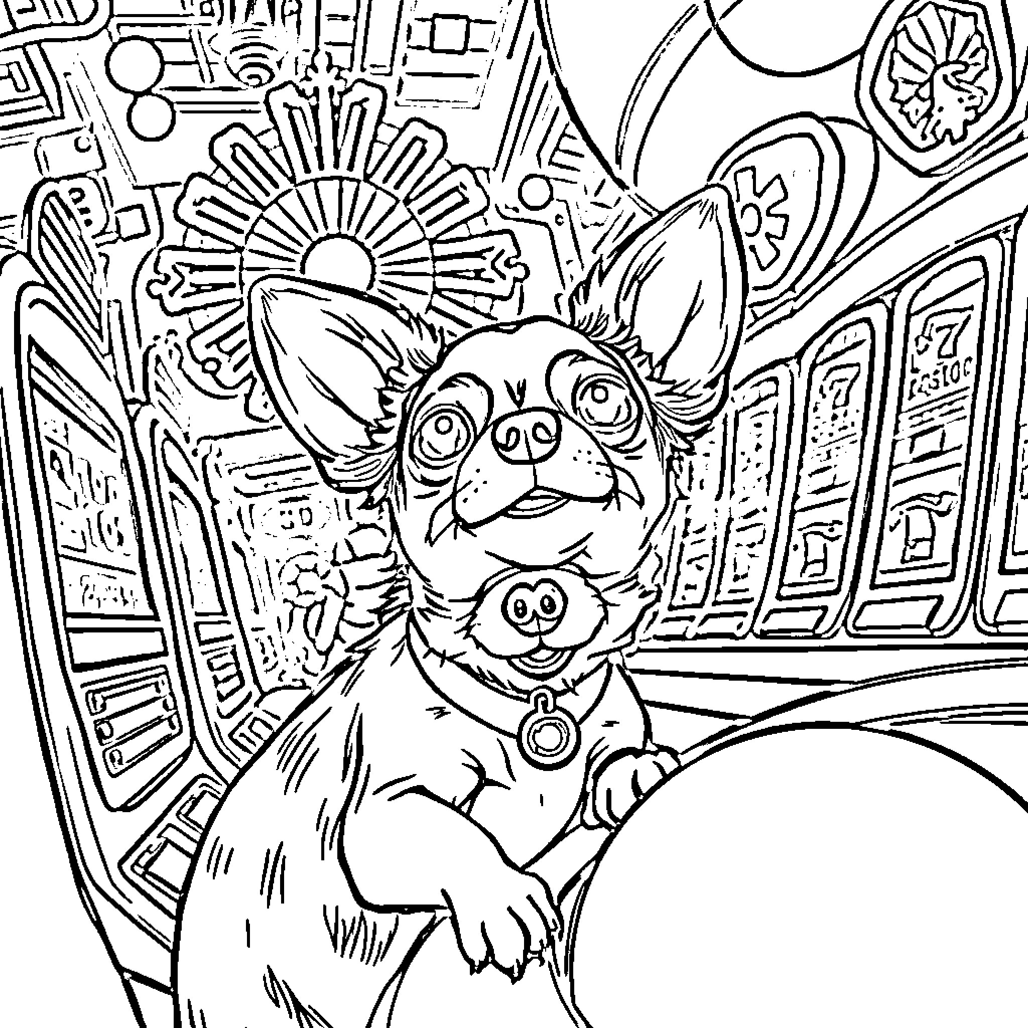 Chihuahua in a whimsical, patterned environment Coloring Page (free black-and-white line drawing printable PDF for all, from beginners to advanced learners, including children, teens, adults, and seniors)
