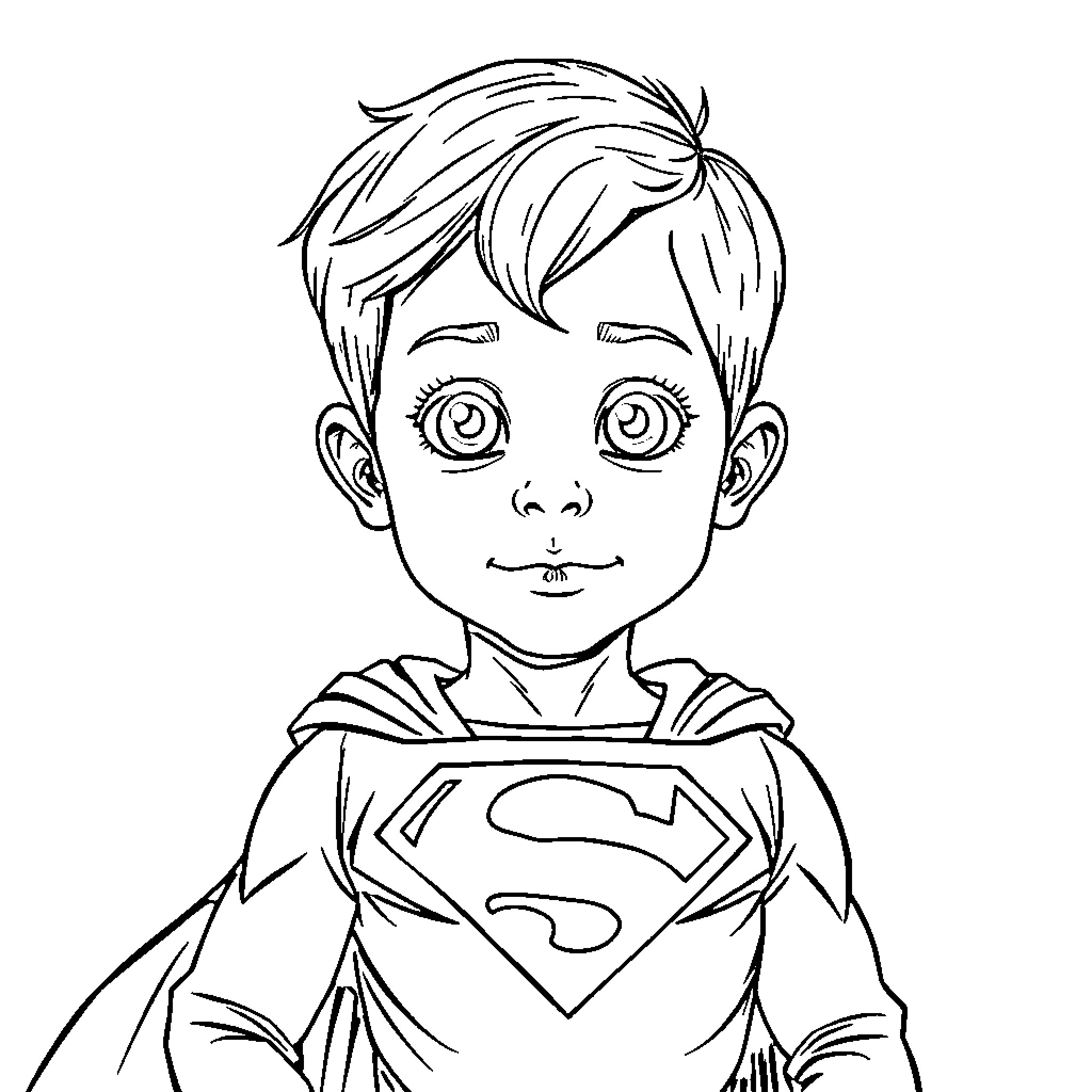 Boy in superhero costume with big eyes Coloring Page (free black-and-white line drawing printable PDF for all, from beginners to advanced learners, including children, teens, adults, and seniors)