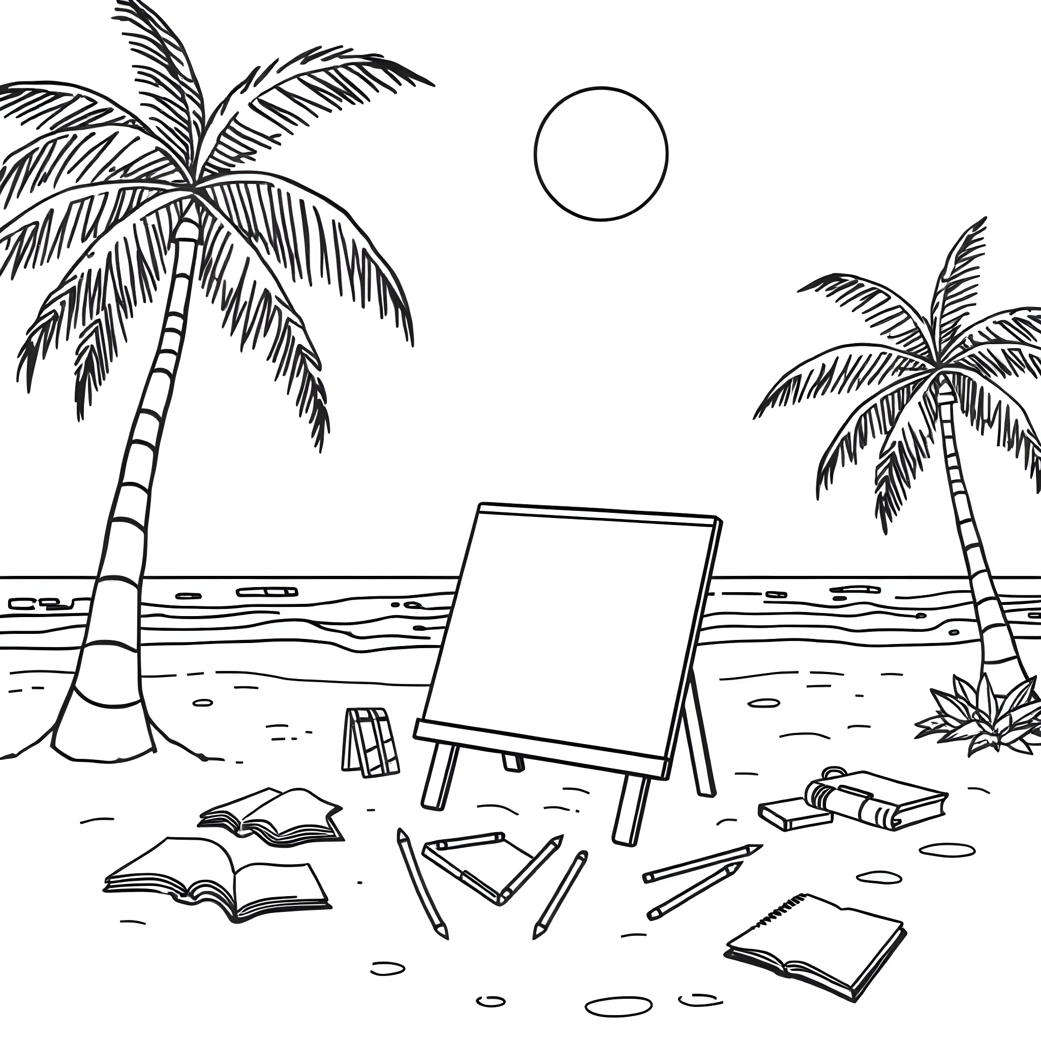 Beach scene with palm trees and art supplies Coloring Page (free black-and-white line drawing printable PDF for all, from beginners to advanced learners, including children, teens, adults, and seniors)
