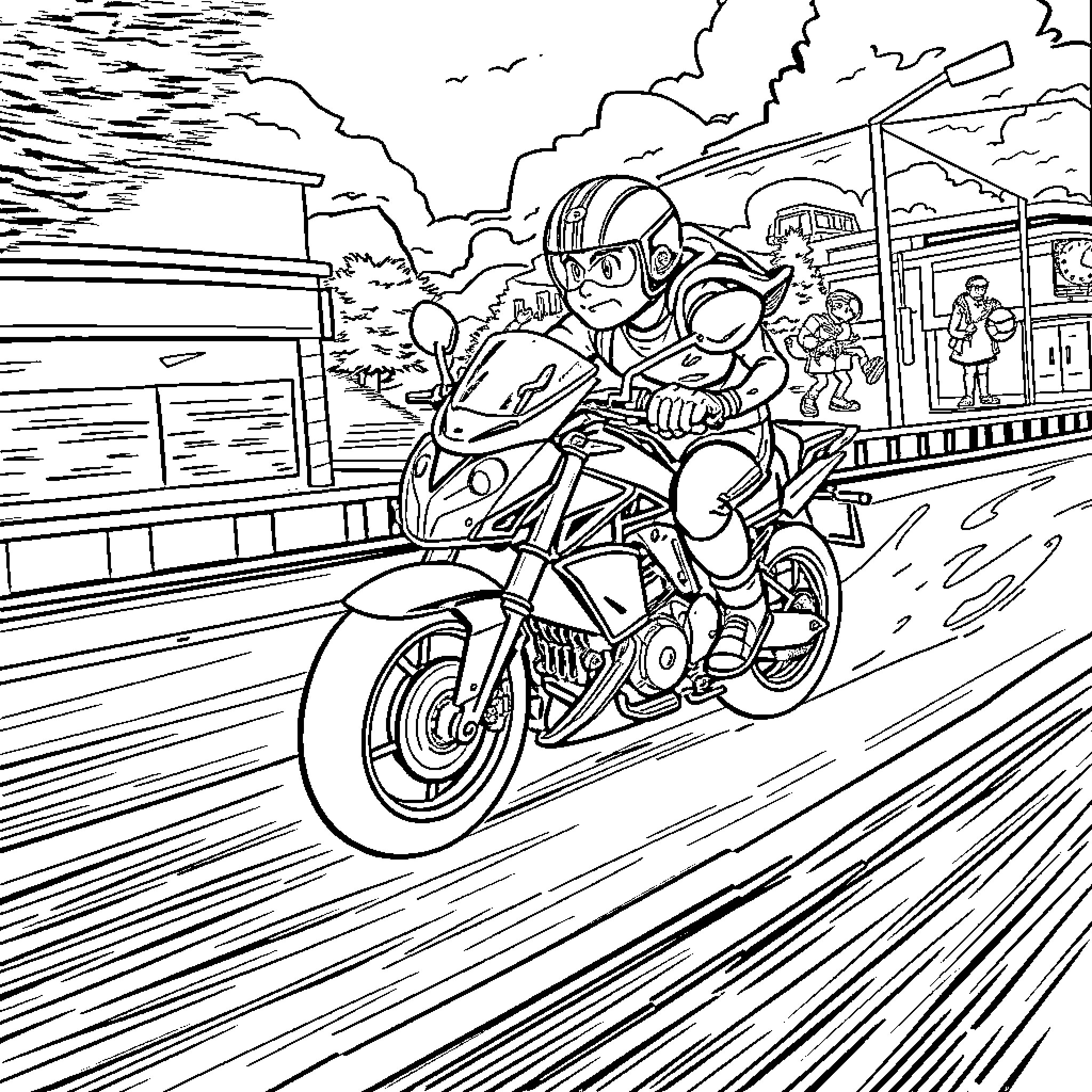 Chase on the Motorcycle in the City Coloring Page (free black-and-white line drawing printable PDF for all, from beginners to advanced learners, including children, teens, adults, and seniors)