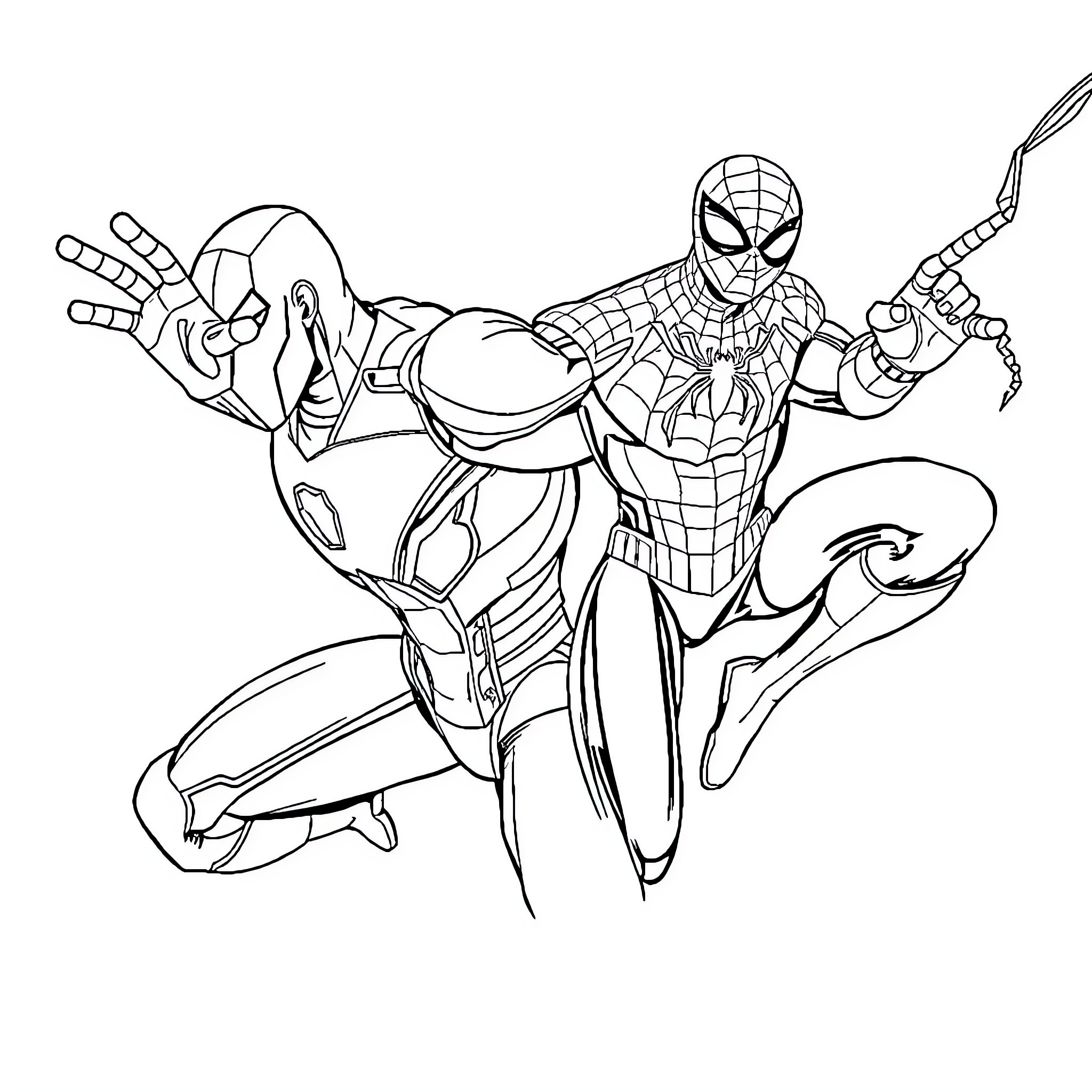 Marvel Characters in Action Poses Coloring Page (free black-and-white line drawing printable PDF for all, from beginners to advanced learners, including children, teens, adults, and seniors)