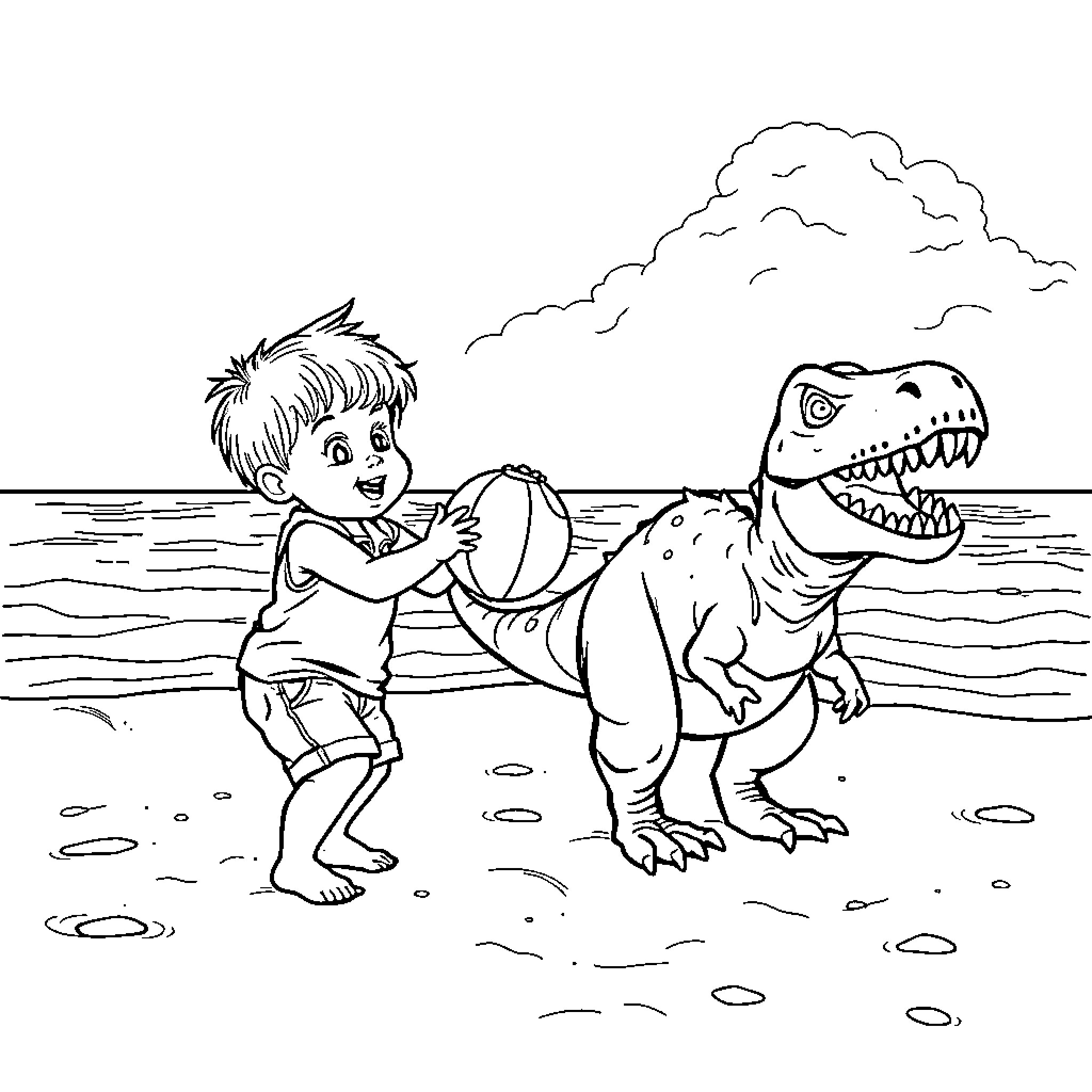 Toddler playing with friendly dinosaur on the beach Coloring Page (free black-and-white line drawing printable PDF for all, from beginners to advanced learners, including children, teens, adults, and seniors)