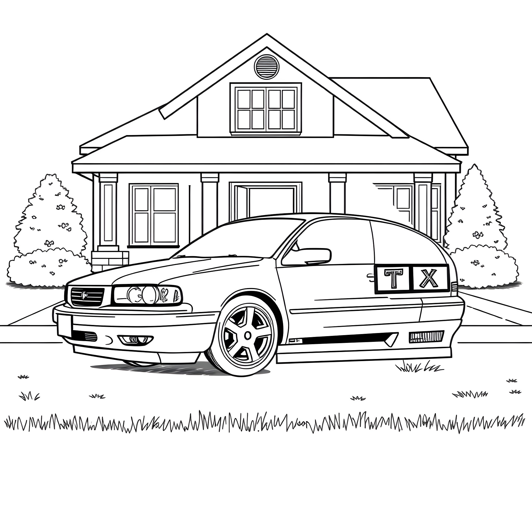 Chevy Impala parked in front of a house Coloring Page (free black-and-white line drawing printable PDF for all, from beginners to advanced learners, including children, teens, adults, and seniors)