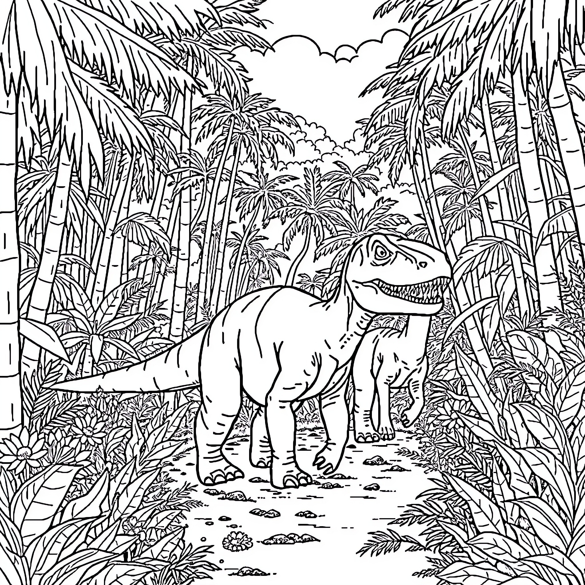 Dinosaur Exploring the Lush Tropical Landscape Coloring Page (free black-and-white line drawing printable PDF for all, from beginners to advanced learners, including children, teens, adults, and seniors)