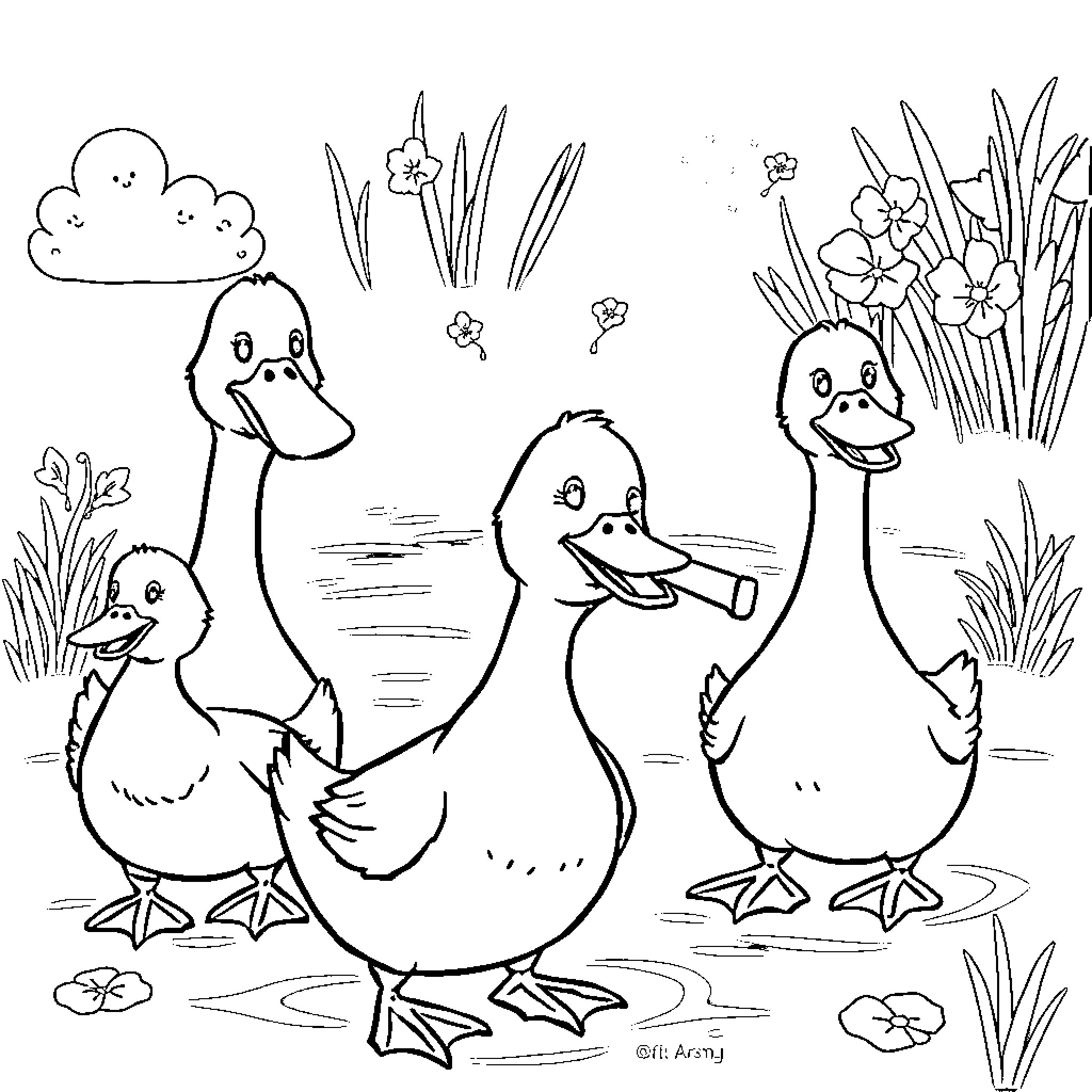Duck Ducklings Frolicking in Floral Garden Coloring Page (free black-and-white line drawing printable PDF for all, from beginners to advanced learners, including children, teens, adults, and seniors)