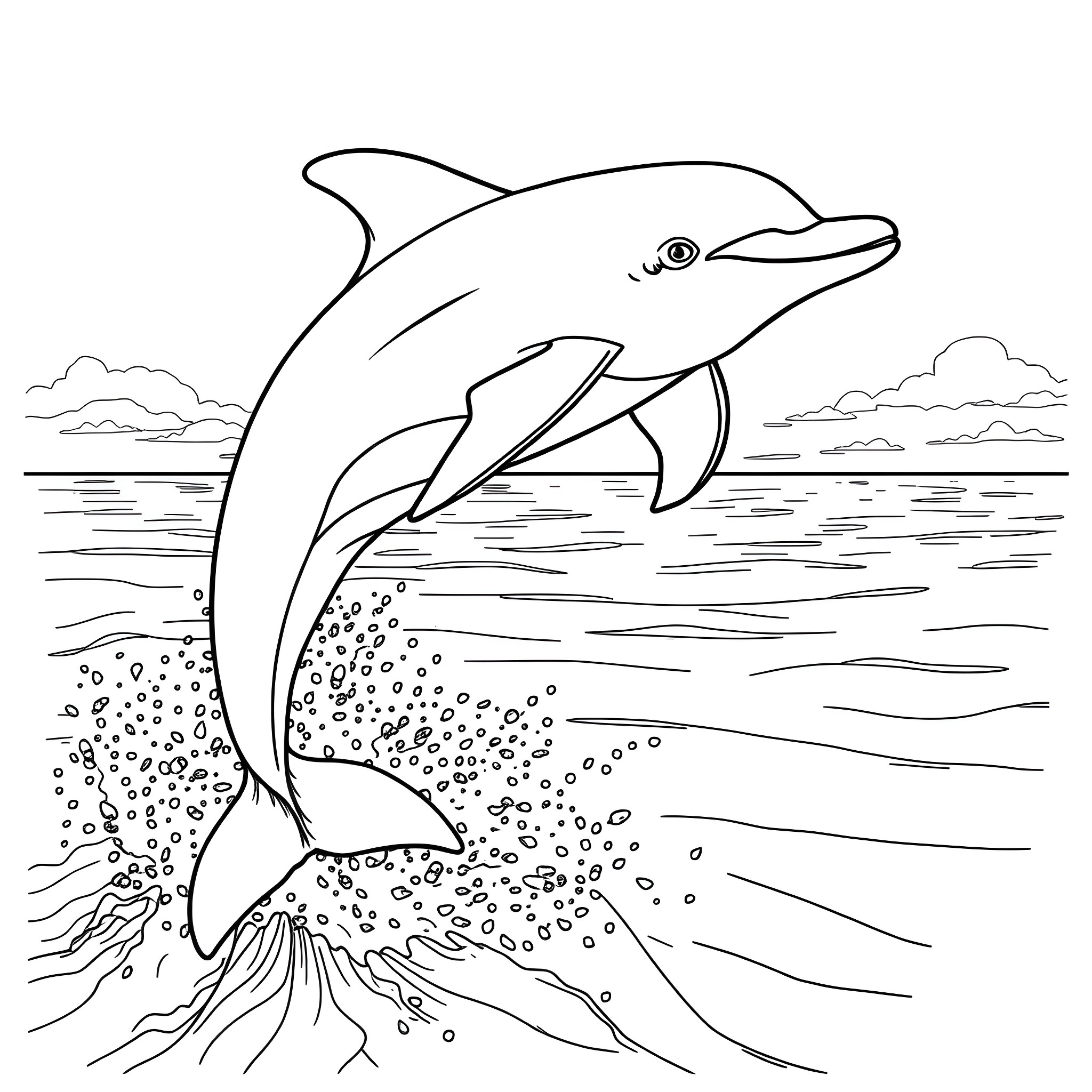 Dolphin Leaping Out of the Water Coloring Page (free black-and-white line drawing printable PDF for all, from beginners to advanced learners, including children, teens, adults, and seniors)