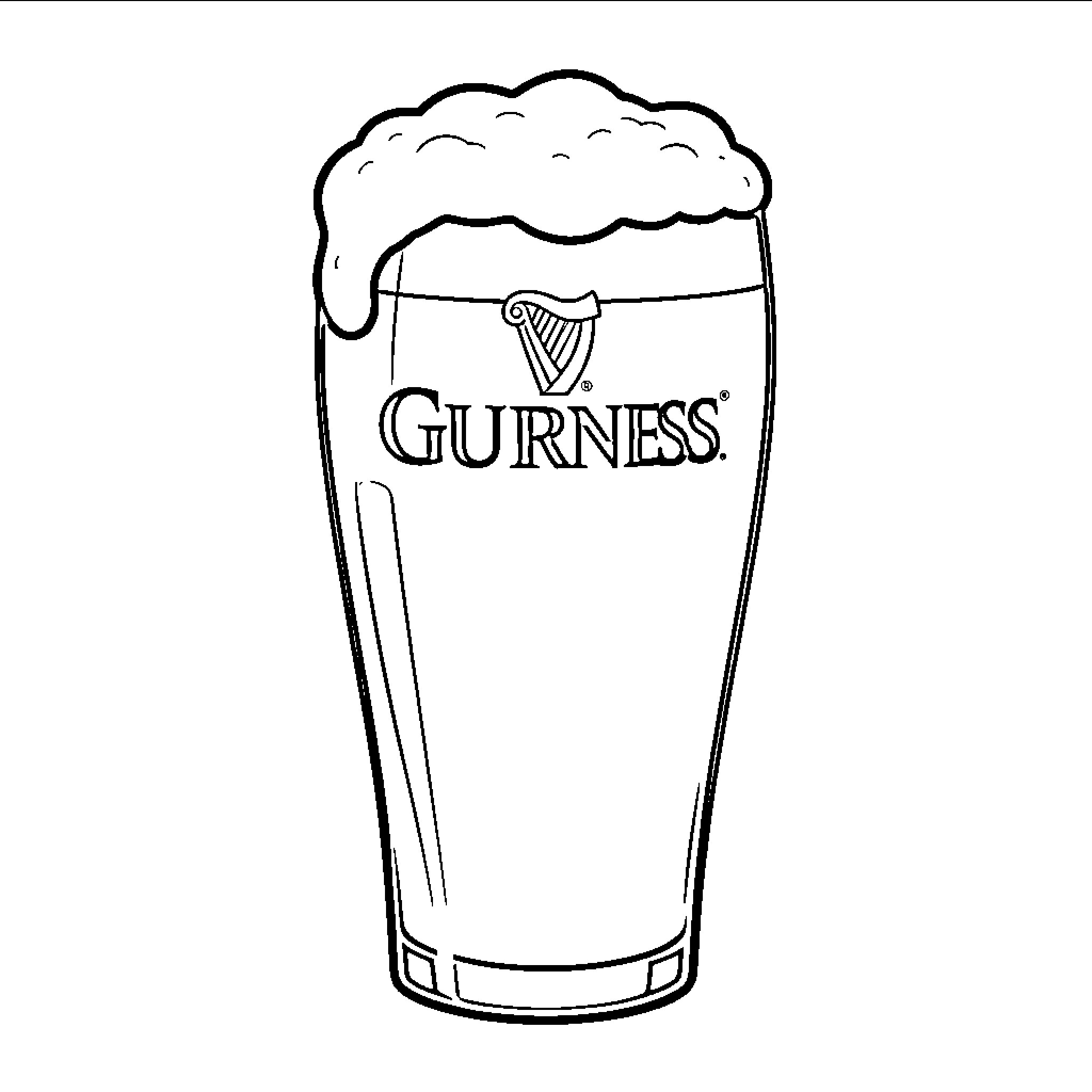 Pint of Guinness beer Coloring Page (free black-and-white line drawing printable PDF for all, from beginners to advanced learners, including children, teens, adults, and seniors)