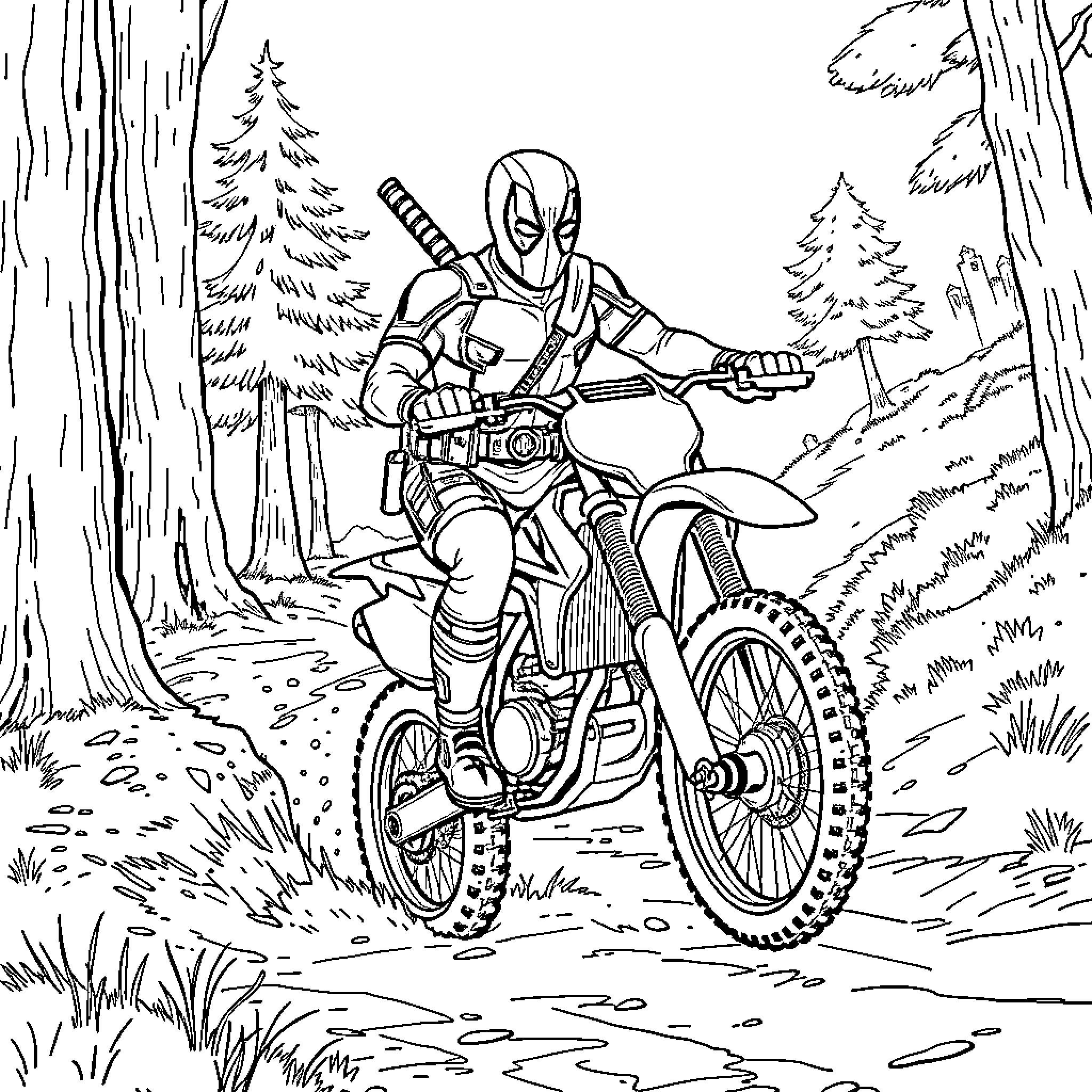 Deadpool riding a dirt bike through the forest Coloring Page (free black-and-white line drawing printable PDF for all, from beginners to advanced learners, including children, teens, adults, and seniors)
