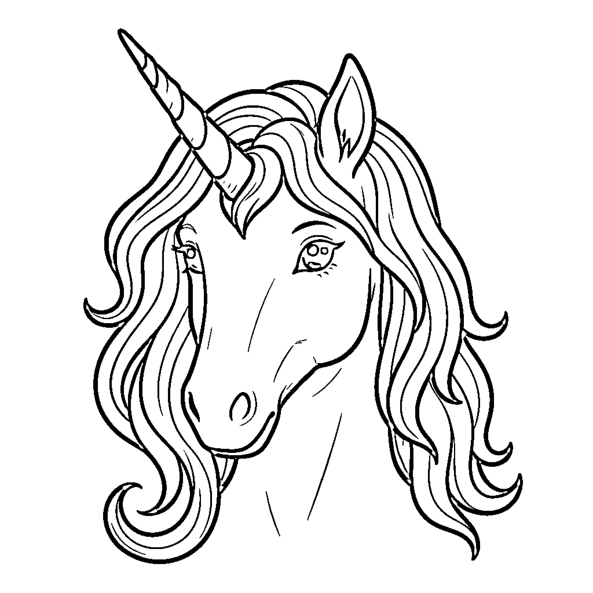 Unicorn with long flowing hair and gentle expression Coloring Page (free black-and-white line drawing printable PDF for all, from beginners to advanced learners, including children, teens, adults, and seniors)