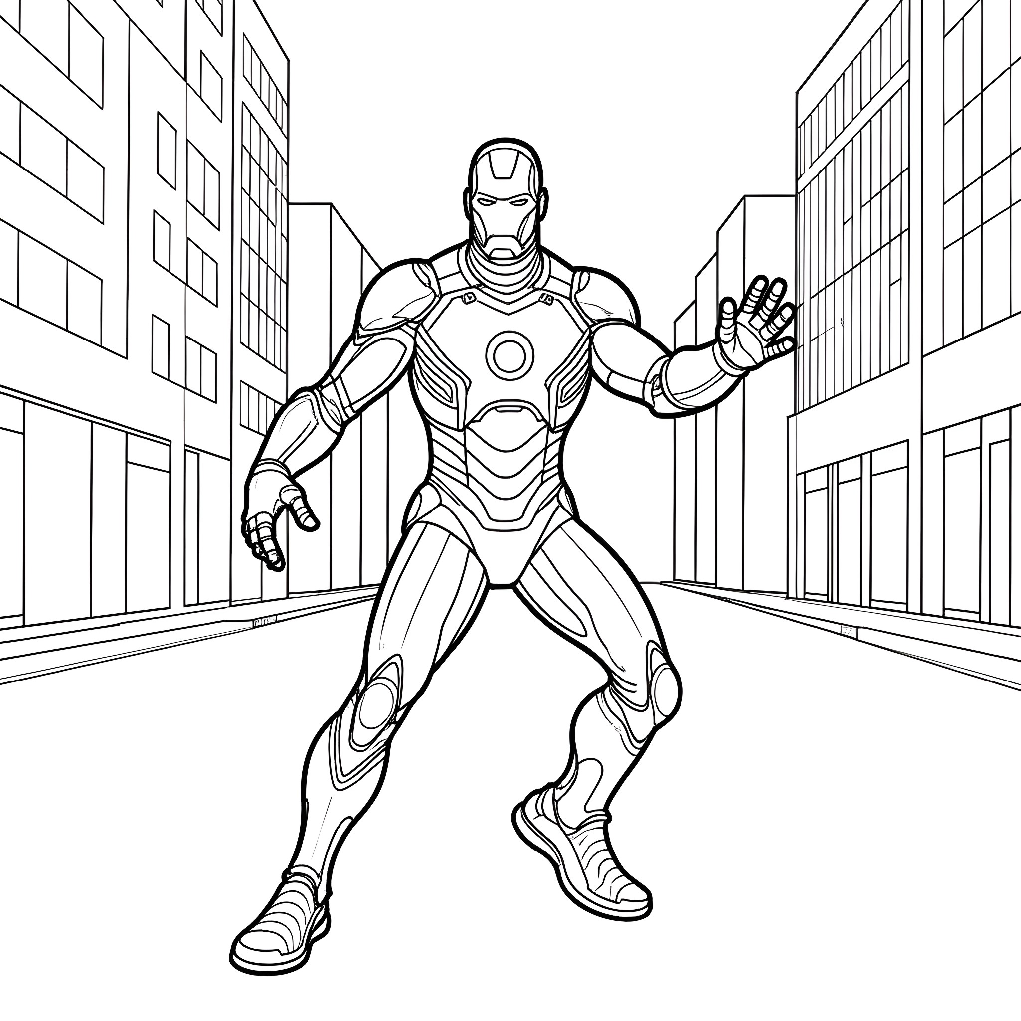 Iron Man heroically poses in the urban city Coloring Page (free black-and-white line drawing printable PDF for all, from beginners to advanced learners, including children, teens, adults, and seniors)